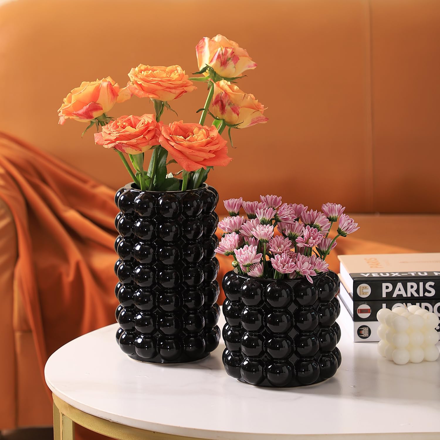Ceramic Vases / Boho Flower Vase for Pampas Grass / Black / Large+medium / Set of 2