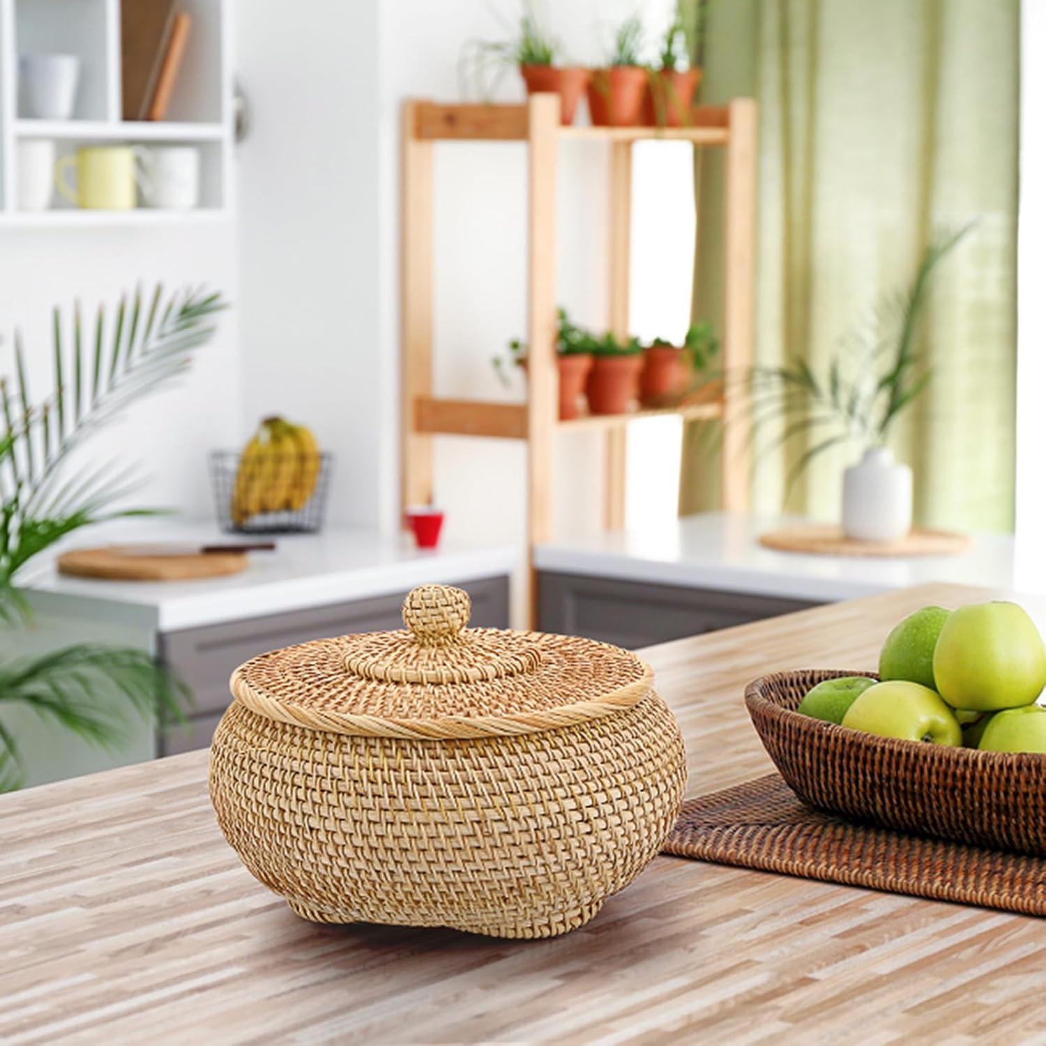 Round Rattan Basket Box / Small,7.9"d x 4.1"H / Natural Color