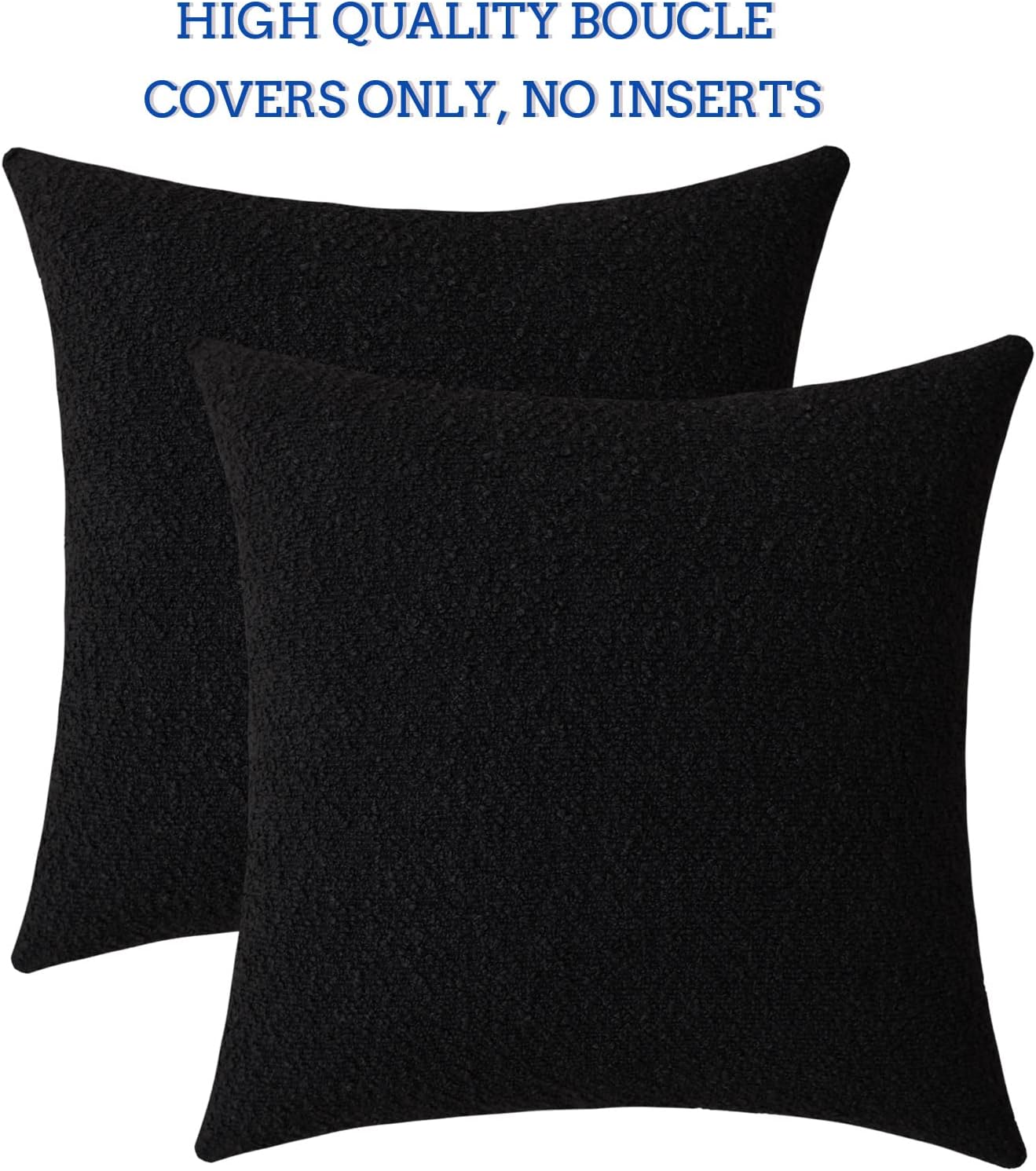 Decorative Square Thick Throw Pillow Covers Boucle Couch Cushion Cases / Black / 18 x 18 / Set of 2