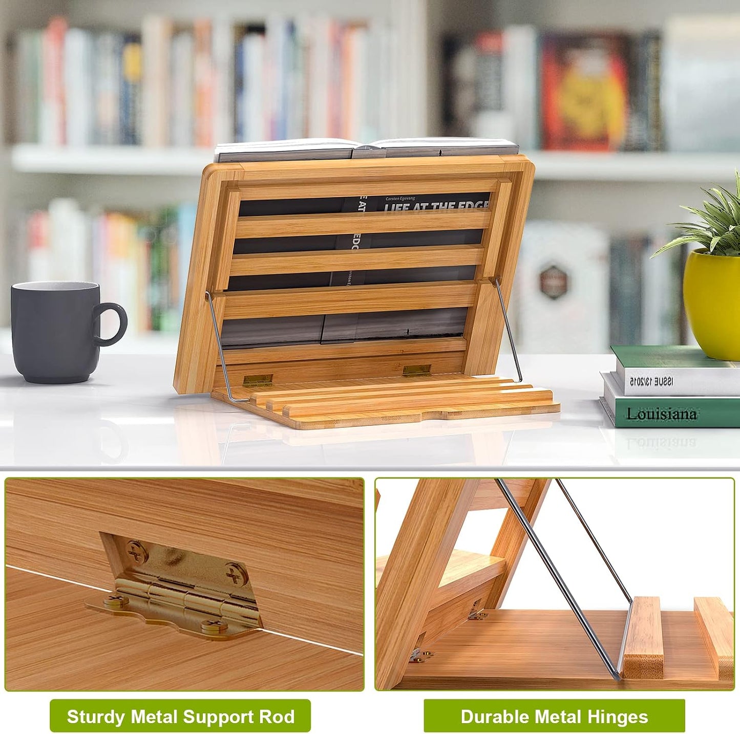 Wooden Desktop Book Stands, Adjustable Book Stand for Reading | Pezin & Hulin Cook Book Holder Seat, Bamboo Foldable