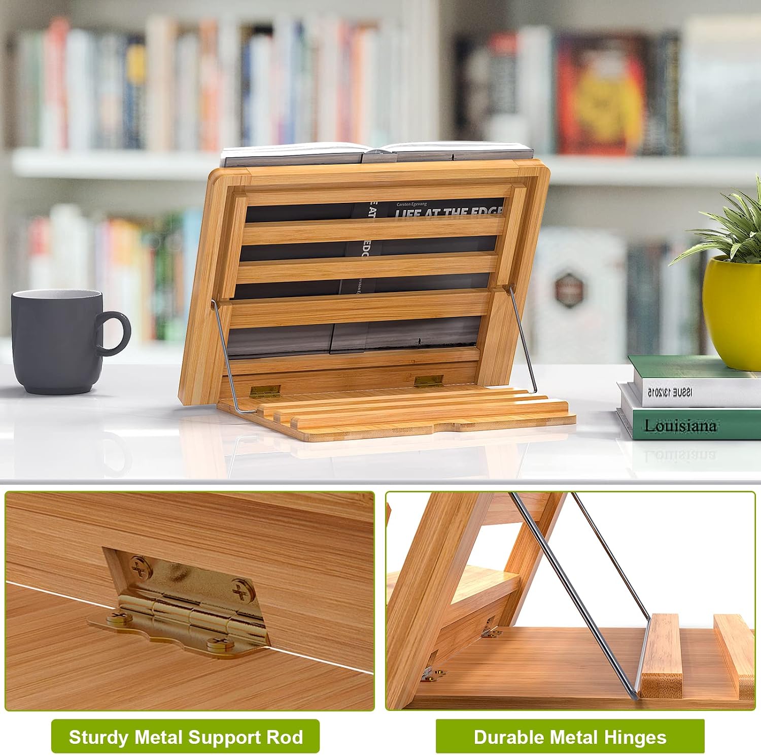 Wooden Desktop Book Stands, Adjustable Book Stand for Reading | Pezin & Hulin Cook Book Holder Seat, Bamboo Foldable