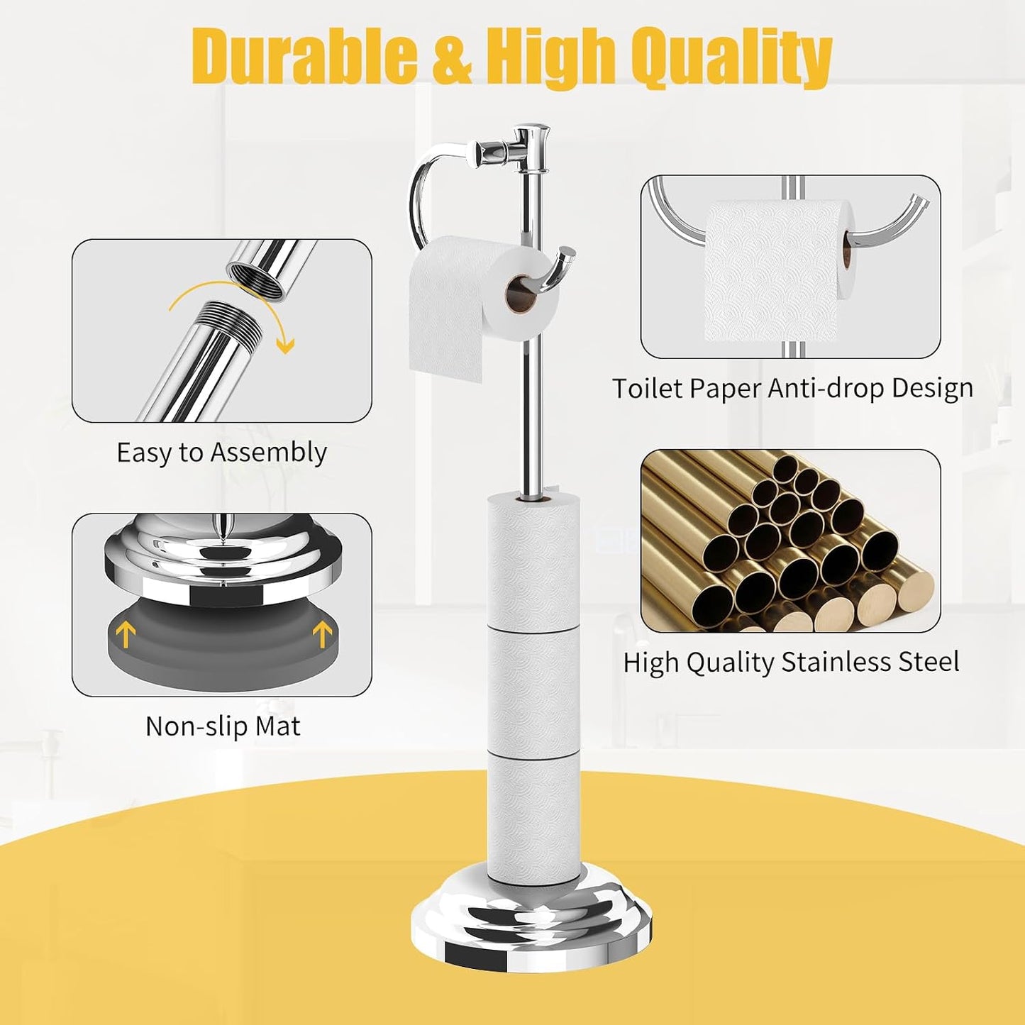 Toilet Paper Holder Floor Stand, Bathroom Freestanding Chrome | Toilet Tissue Roll Holder, Free Standing Rack with