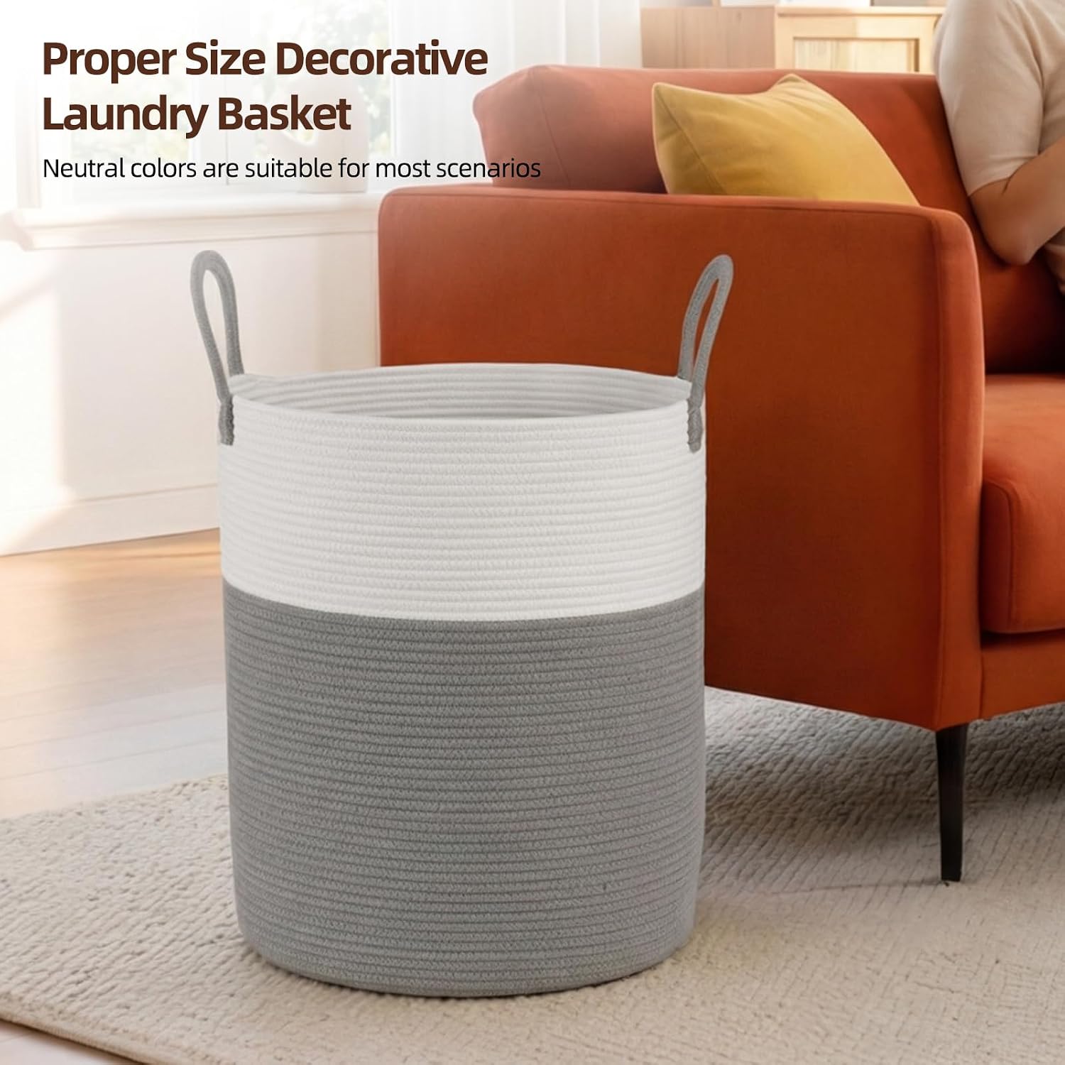 Cotton Rope Woven Basket for Blankets / Grey/white / 60L