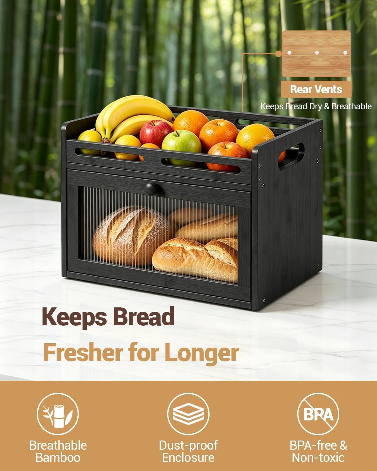 Bread Box for Kitchen Countertop, Bamboo Storage with Top Shelf, Black | Large Capacity, Acrylic Window, Rear Vents