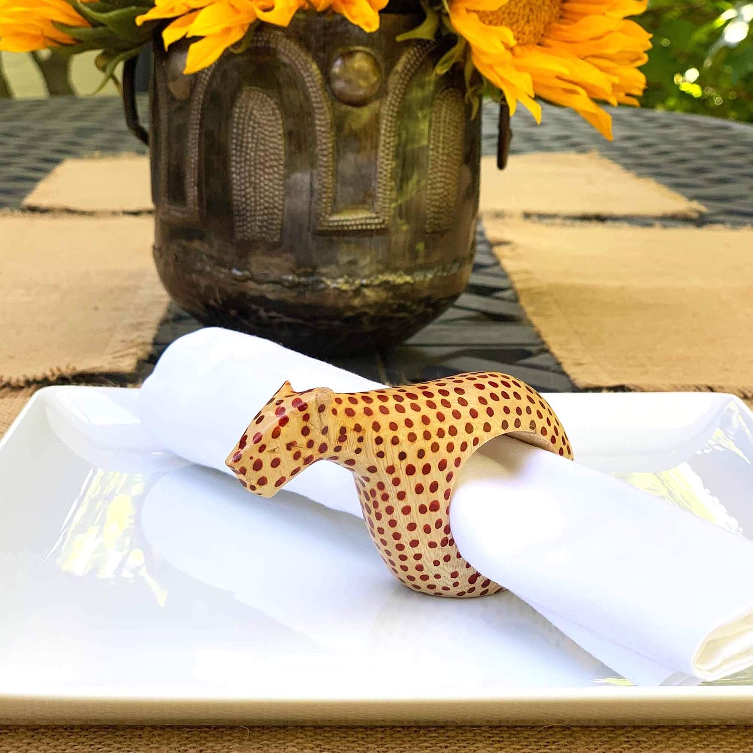 Handcarved Mahogany Wooden Napkin Ring Holders / Cheetah / Set of 6