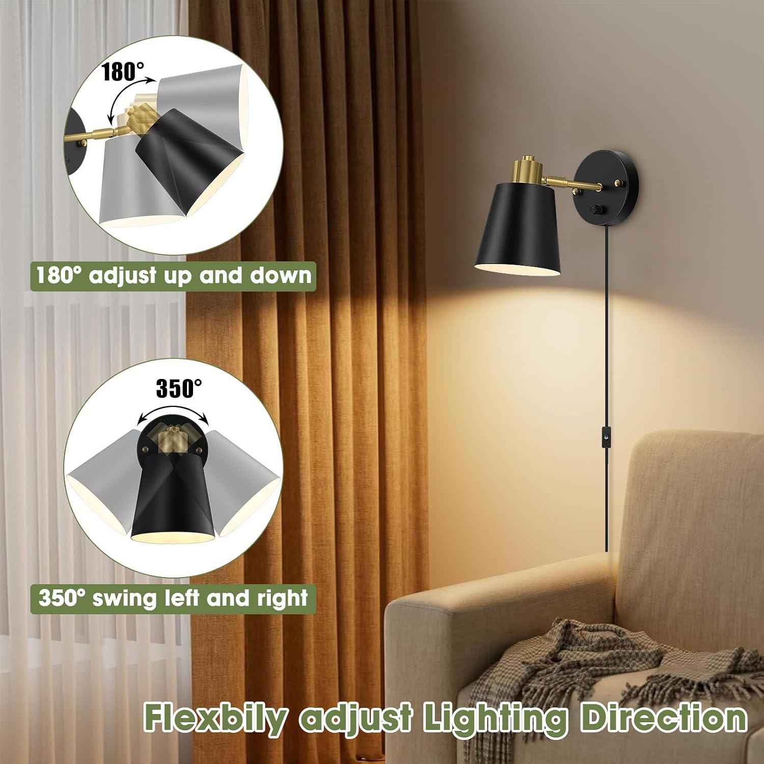Lomoky Plug in Wall Sconces Set of 2, Dimmable Wall Lights with Plug in Cord and Dimmer On/Off Knob Switch, Adjustable
