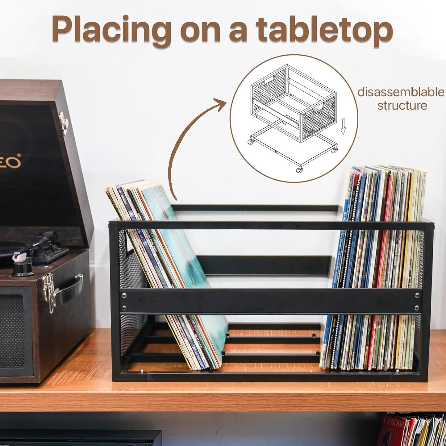 Metal Vinyl Record Storage Crate with Wheels, Vinyl Record Holder for Albums, Vinyl Record Storage Rack - Holds up to