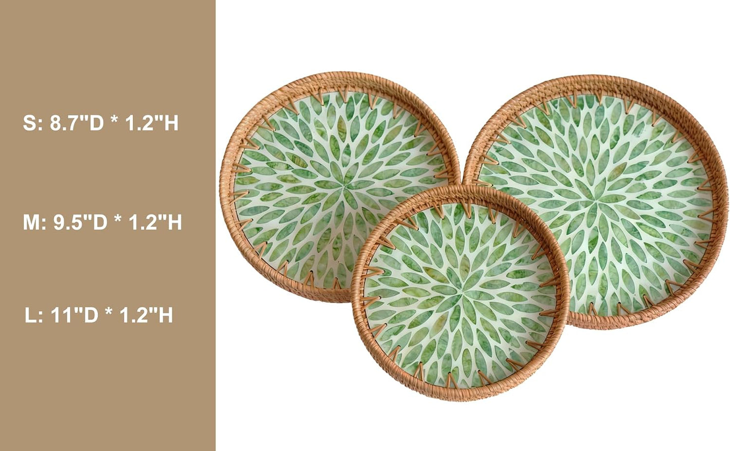 Round Rattan Tray / Emerald Bloom / Set of 3