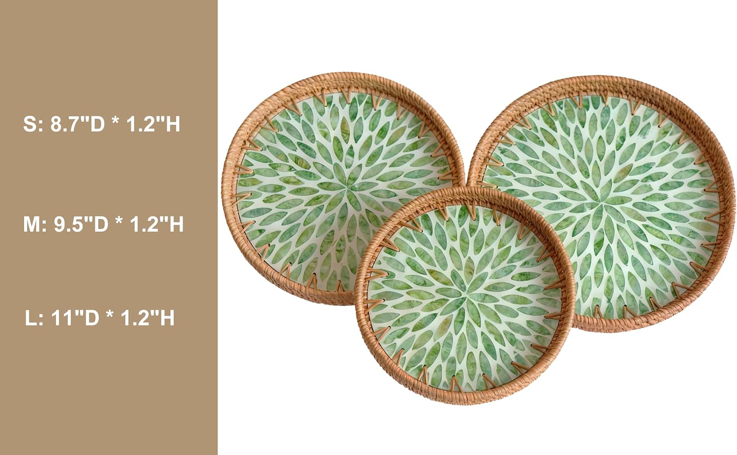 Round Rattan Tray / Emerald Bloom / Set of 3