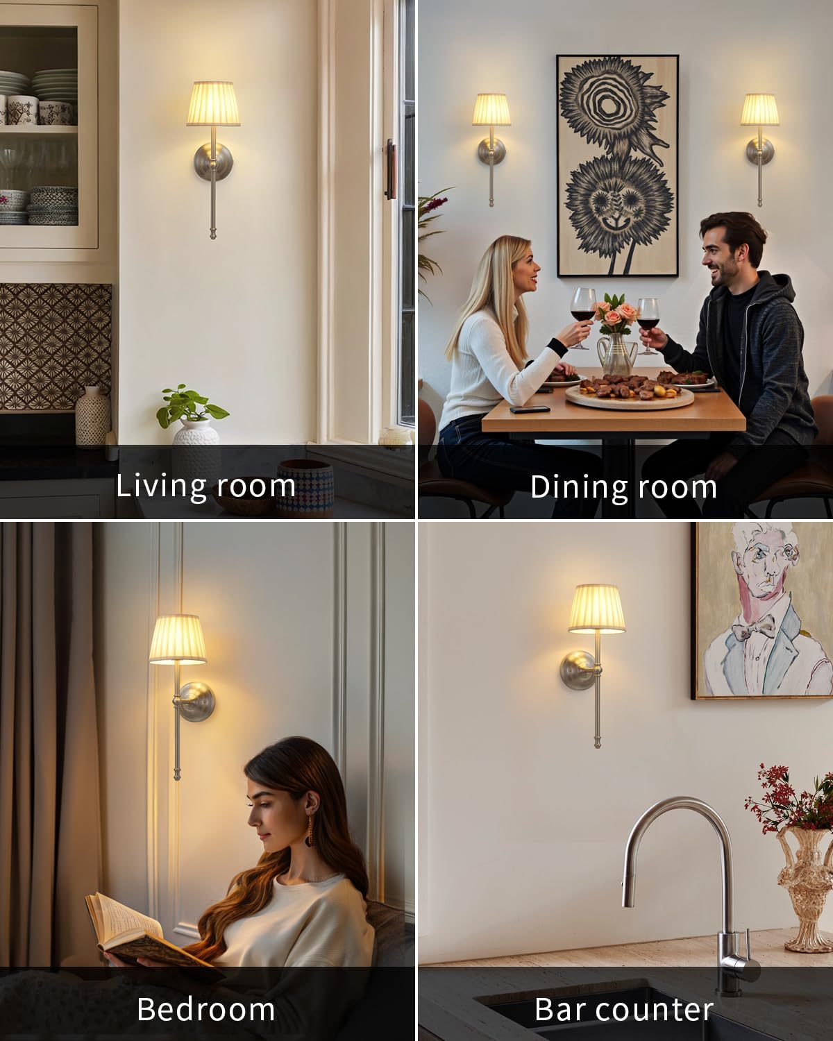 KDG Nickel Cordless Wall Sconces Set of 2, Beige Fabric LED Wall Lamp | Wireless Small Rechargeable Battery, Portable