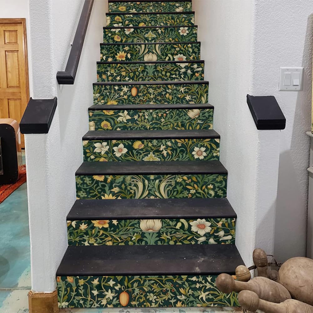 William Morrise Leaf Vine White Flowers Damask Vintage Peel and Stick Vinyl Stair / Stad-043 / Green