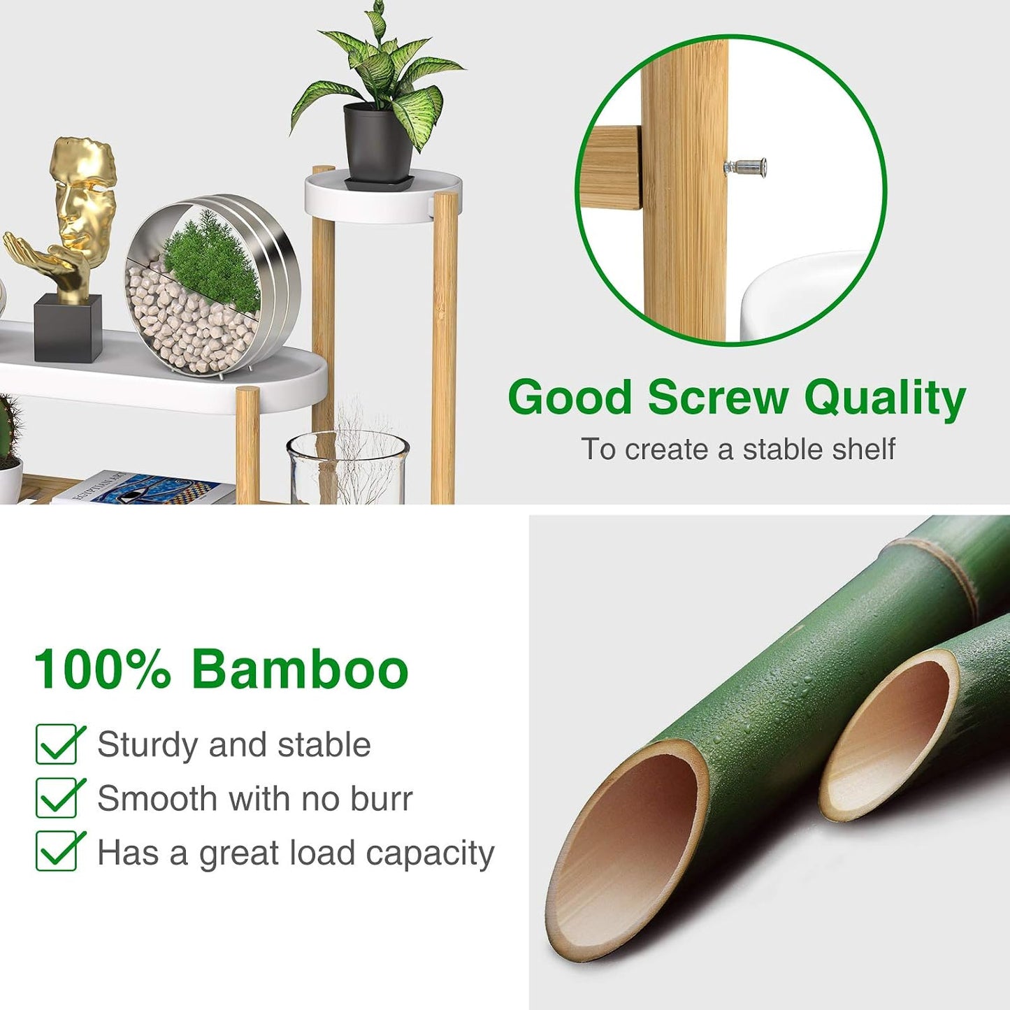 Bamboo Plant Stand Indoor, 3 Tier Plant Shelf Table for Multiple Plants | Easy-Clean Steel Top | Smooth Bamboo | Narrow