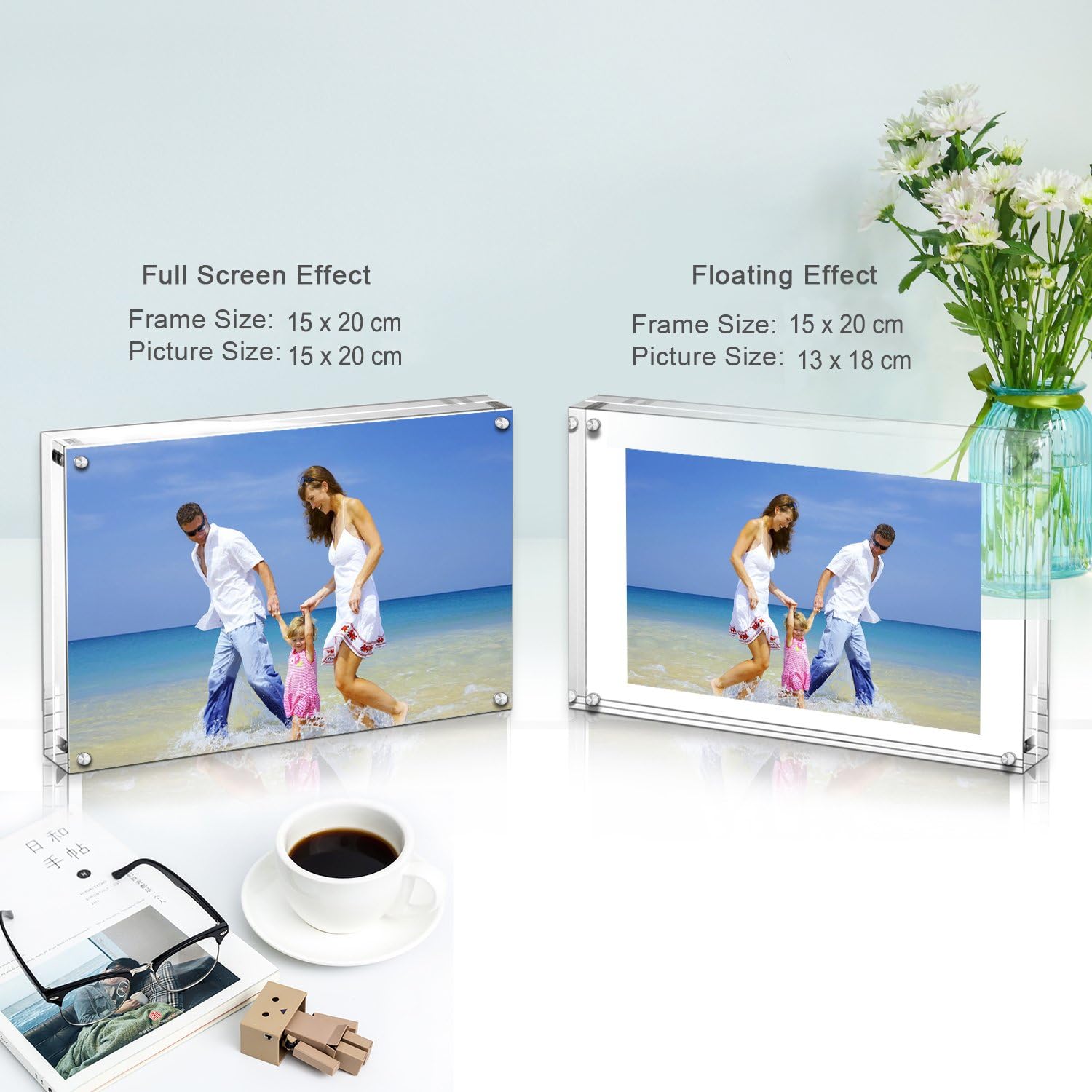 AMEITECH Acrylic Photo Frames 6x8'', Magnetic Acrylic Block Picture Frame, Desktop Frameless Photograph Display (2
