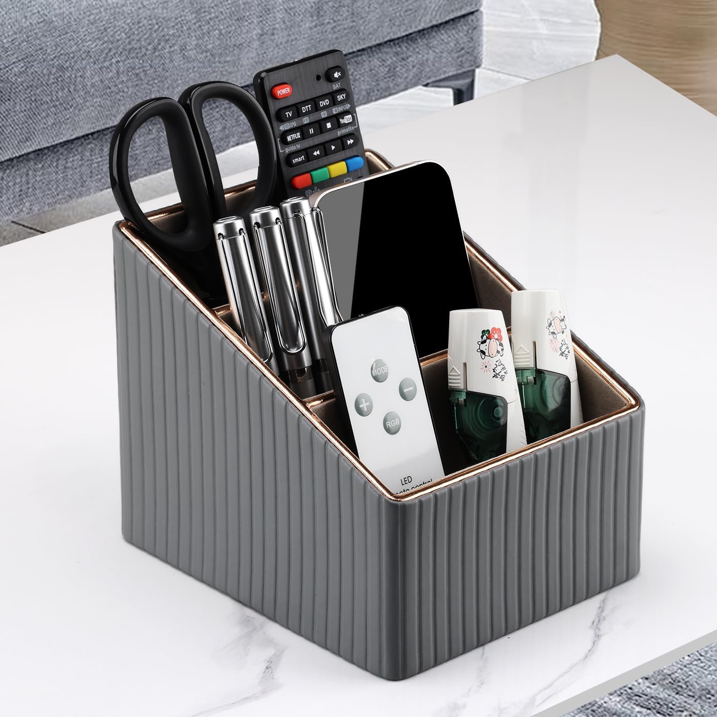 3 Slot PU Leather Remote Controller Holder / Gray