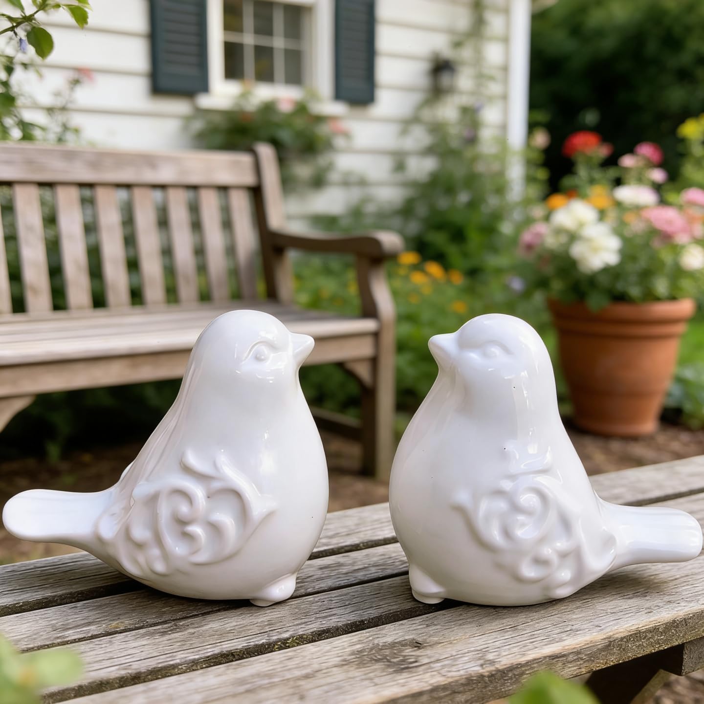 Ceramic Bird Figurines Decorative Bird Ornaments Statue / White / Set of 2