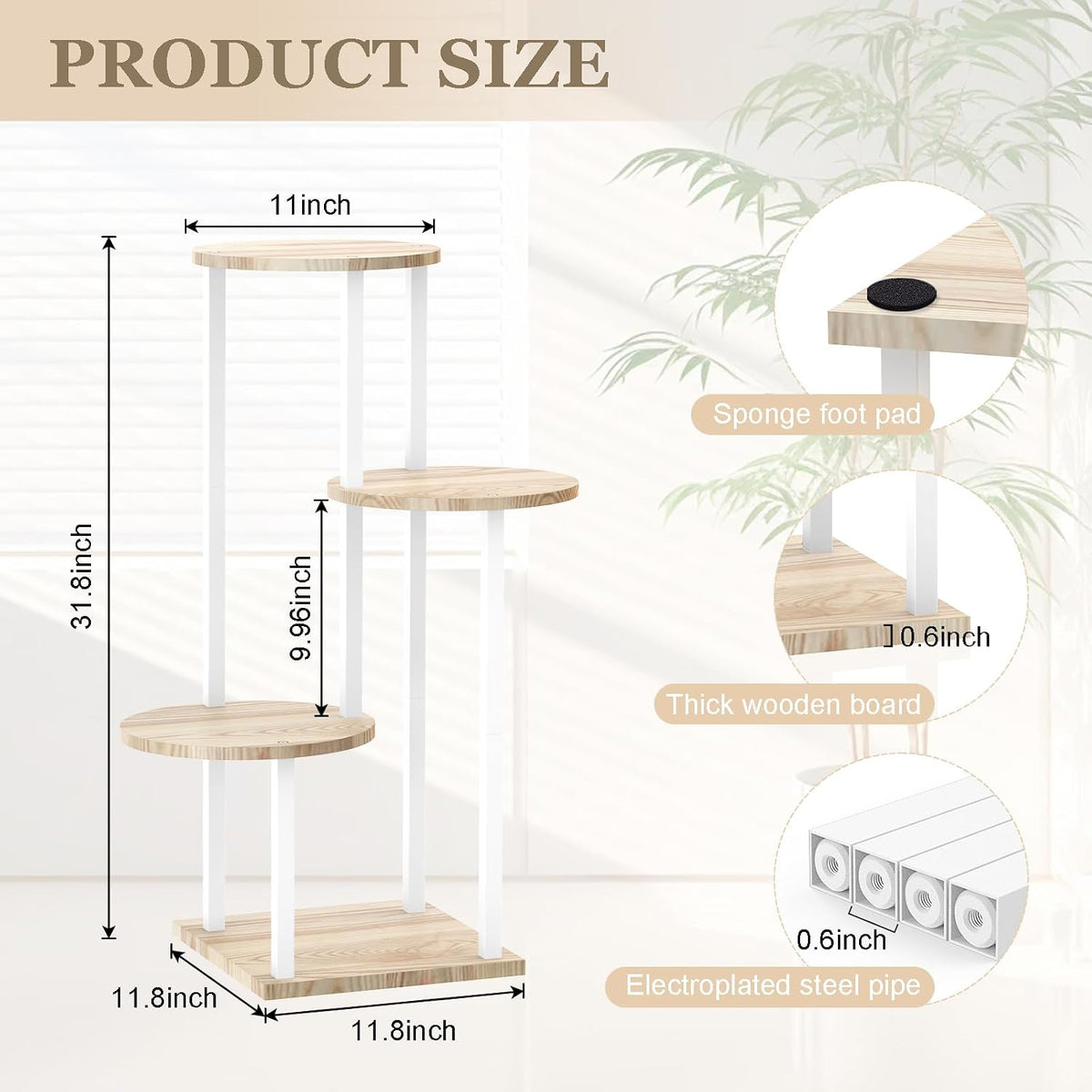 4 Tier White Metal Wooden Tall Plant Stand Indoor Shelf Flower Pot Holder for Multiple Plants, Corner Display Rack for