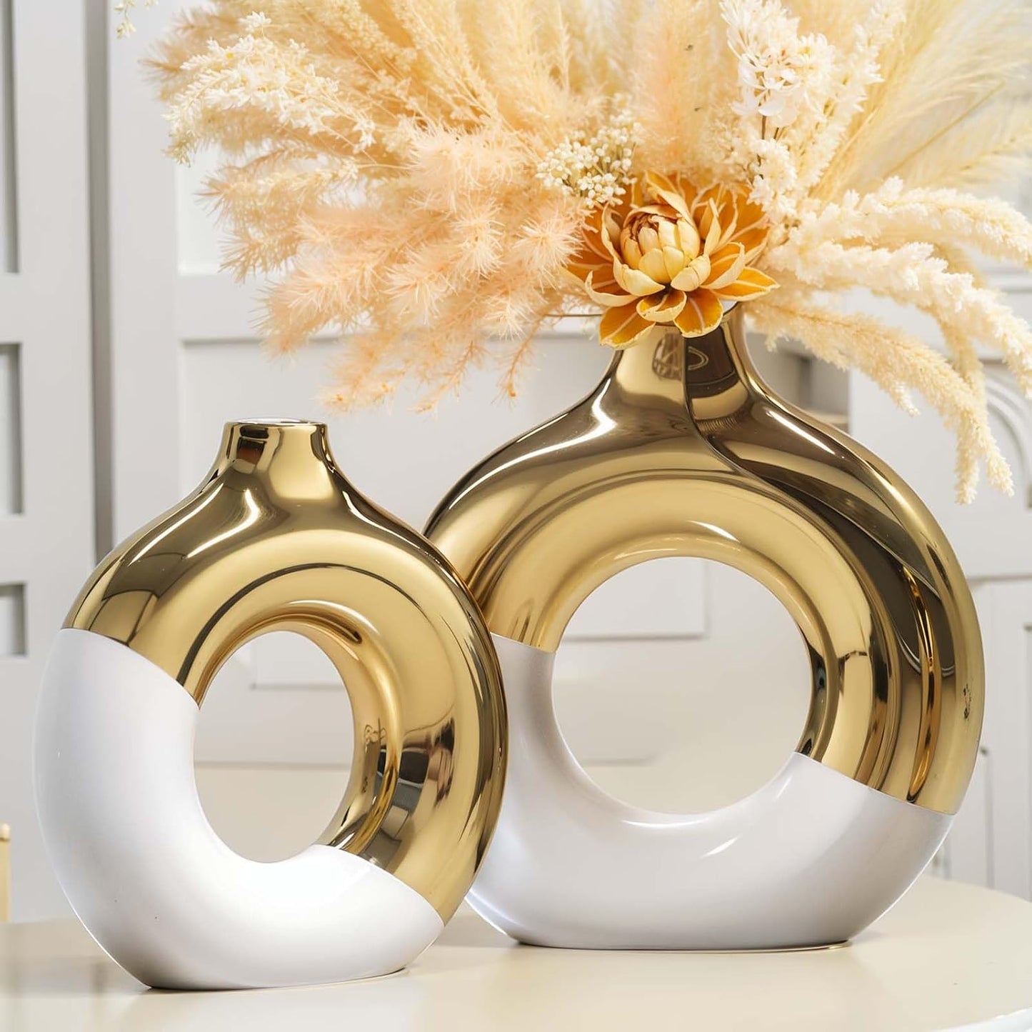 Gold Ceramic Vase / White / Set of 2