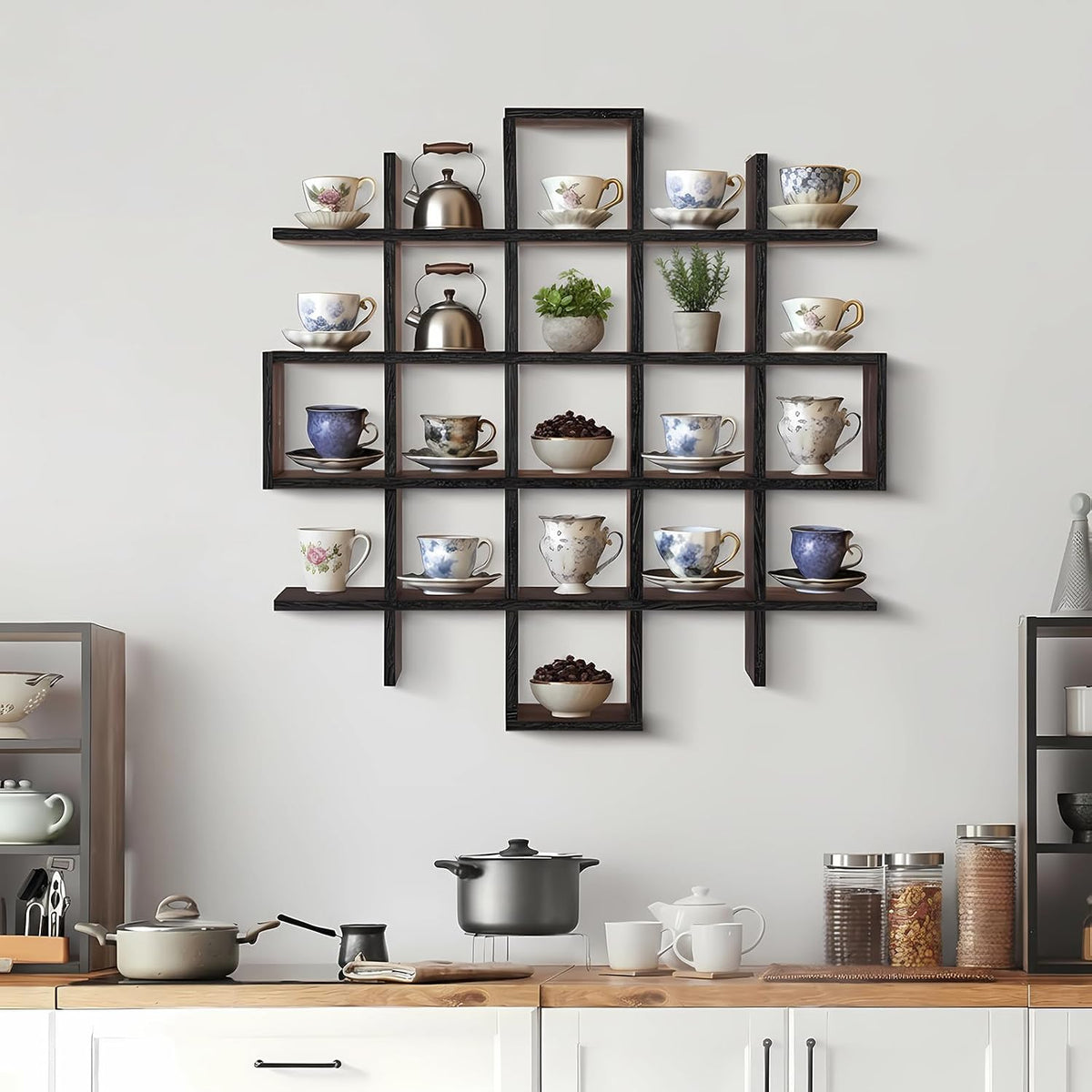 Suzile Oversize Tea Cups and Saucers Shelf Rustic Wooden Coffee Display Shelves Wooden Floating Curio Shelf Mounted Tea
