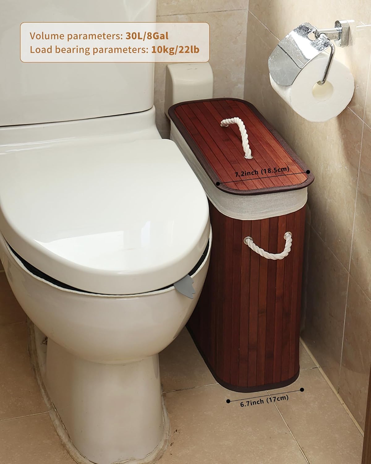 Bamboo Toilet Paper Storage with Lid & Handel, 8 Gallons (30L), Sturdy Toilet Paper Basket, Organizer for Bathroom
