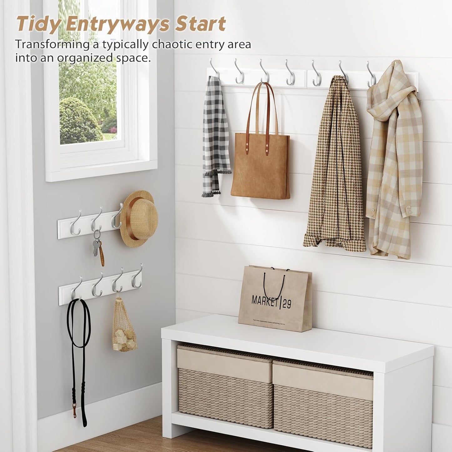 Forbena White Coat Rack Wall Mount 4-Pack, Coat Hanger Wall Mounted for Hanging Clothes Purse, Modern Key Holder Hooks
