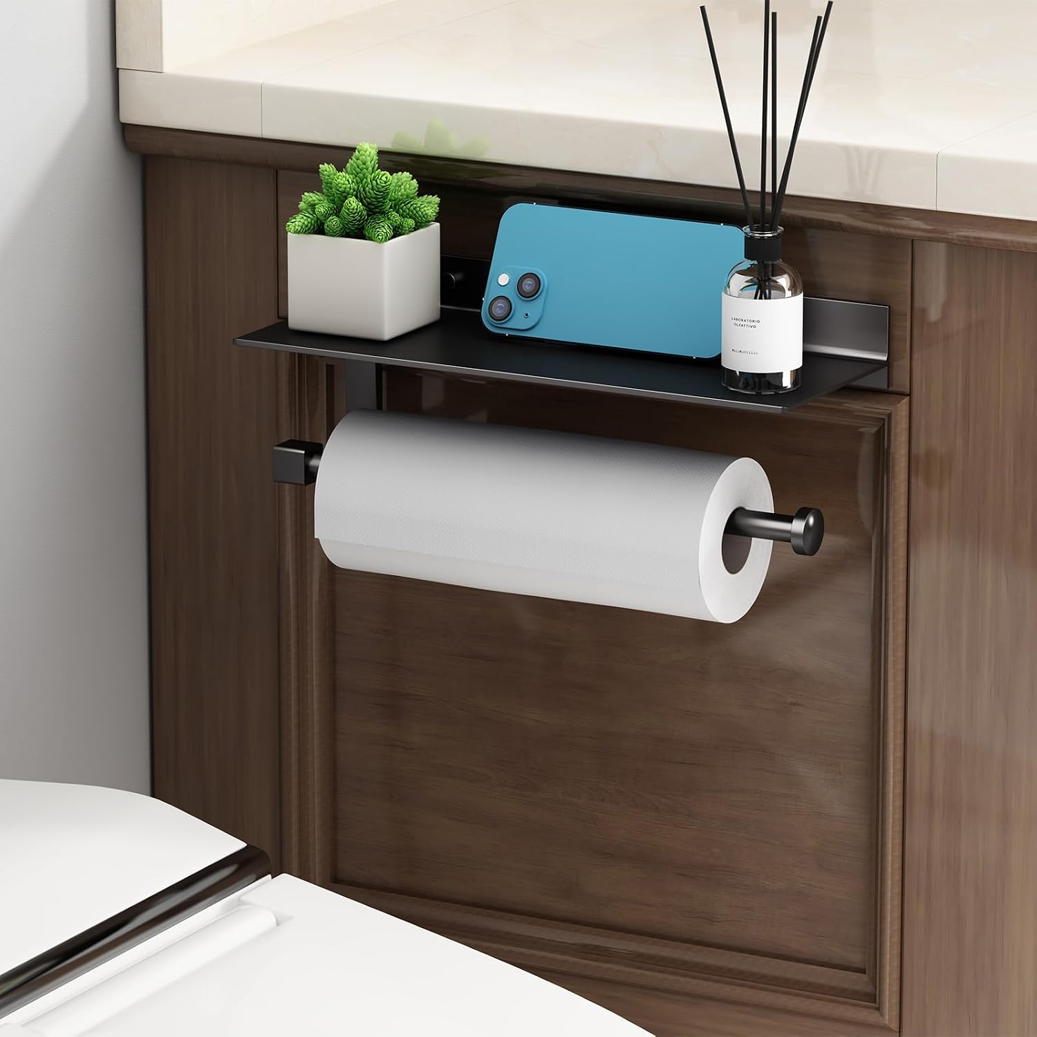 Wall Mount Paper Towel Holder with Shelf for Bathroom/Kitchen, Adhesive Hand Towel Holder, Matte Black