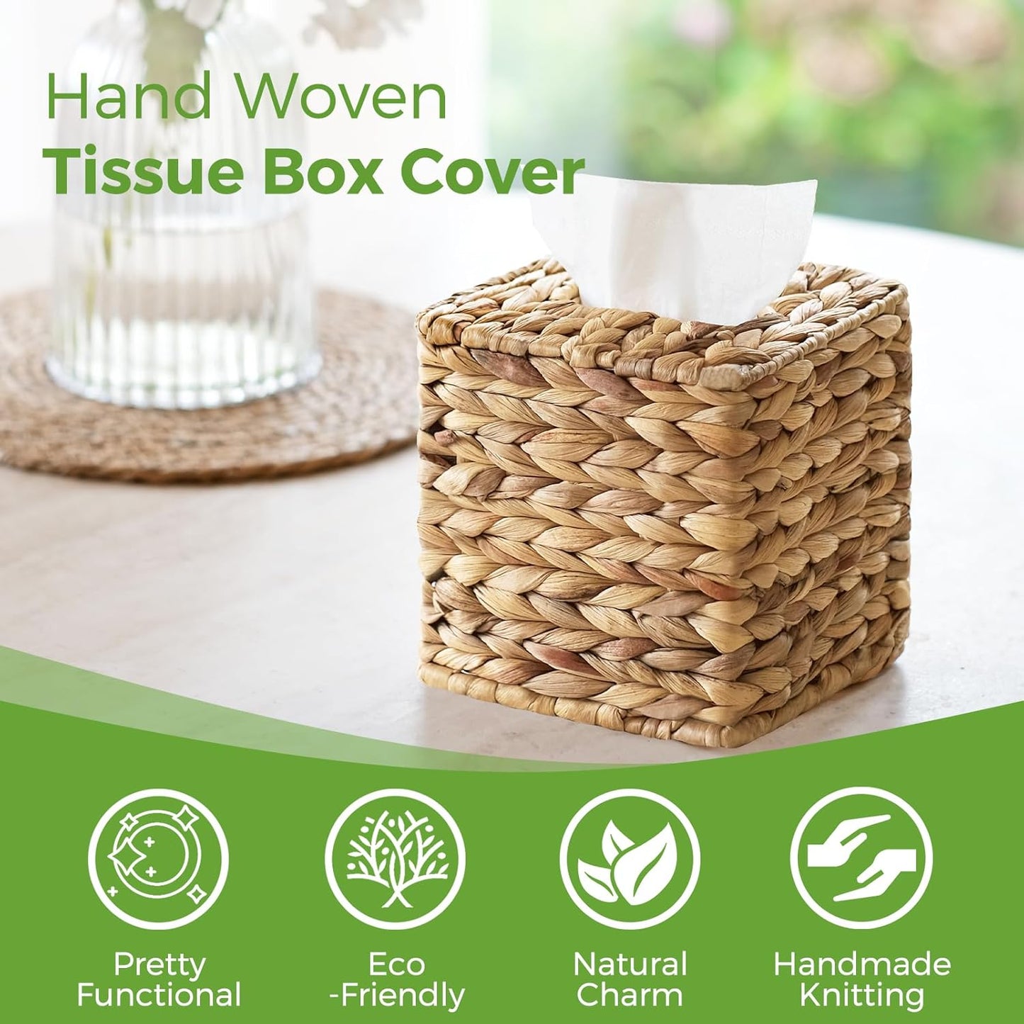 Hand Woven Napkin Box Tissue Holder / Natural Wicker / Square