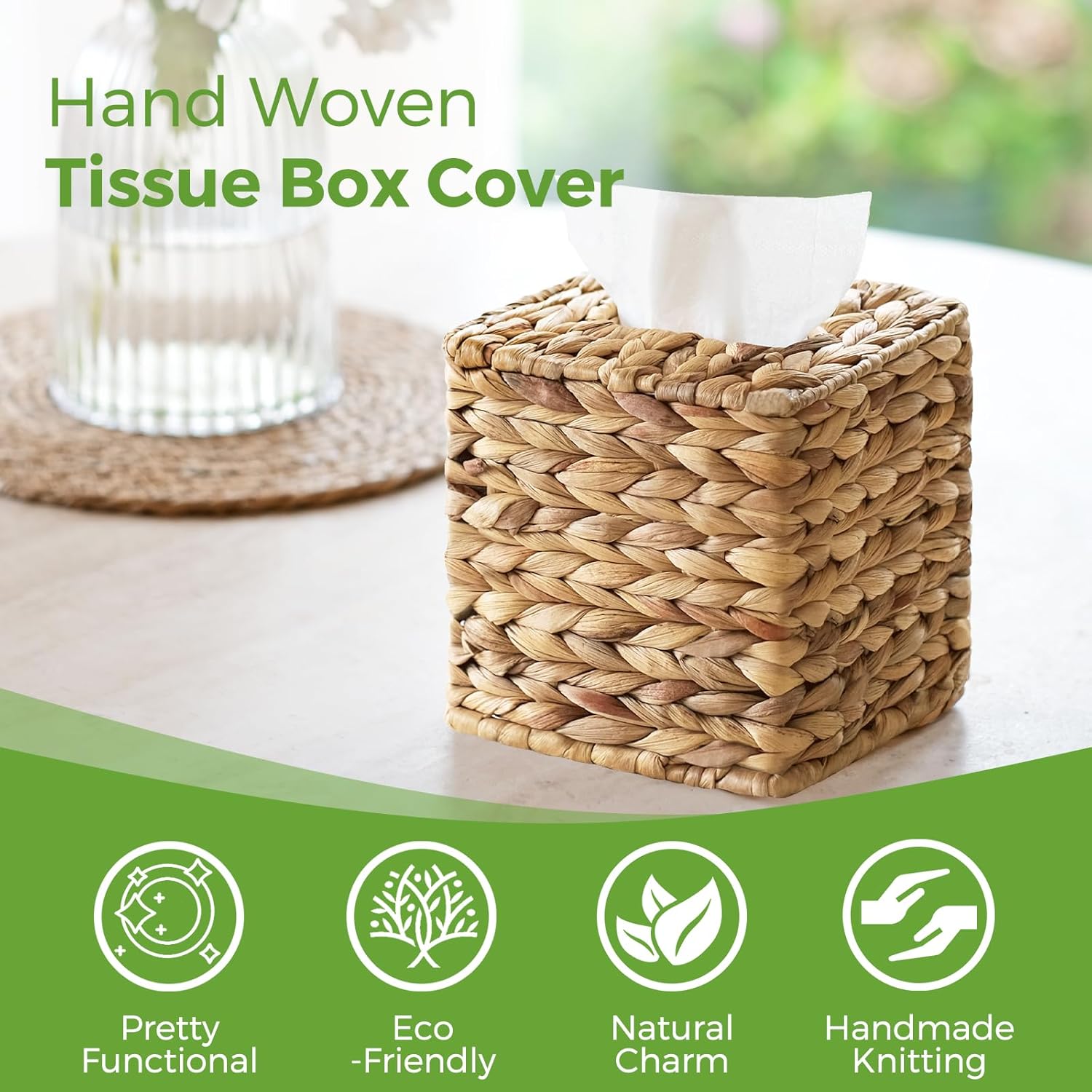 Hand Woven Napkin Box Tissue Holder / Natural Wicker / Square