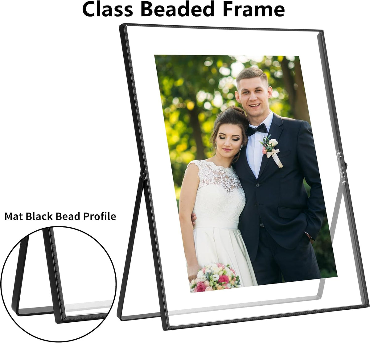 10x12 Black Floating Metal Beaded Frame,Tempered Glass | Fits 7x9,8x10,8.5x11 photos, adjustable tabletop or shelf