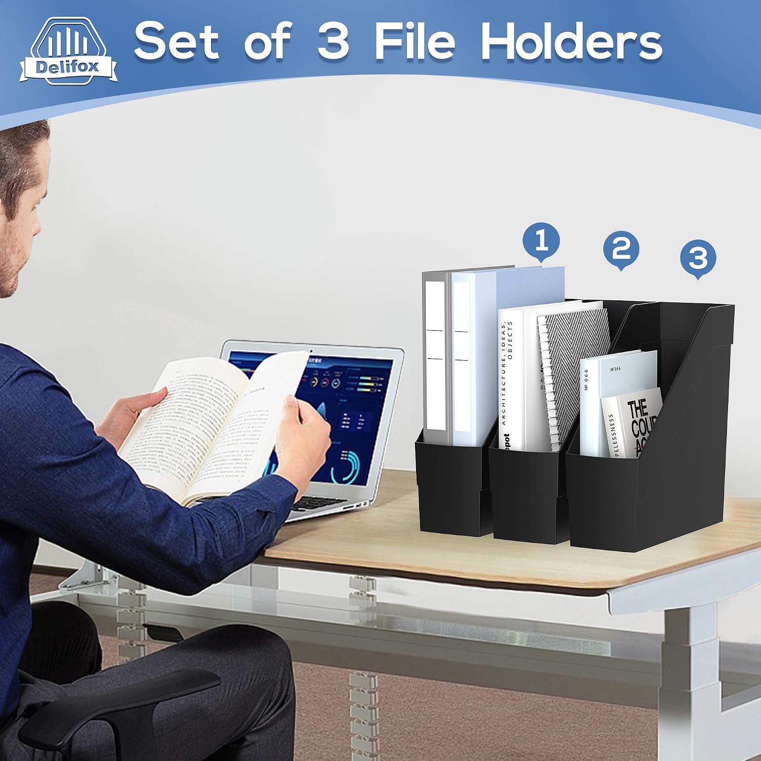 Delifox 3 Pack Magazine Rack, Plastic File Folder Bin Desk Organizer, Black
