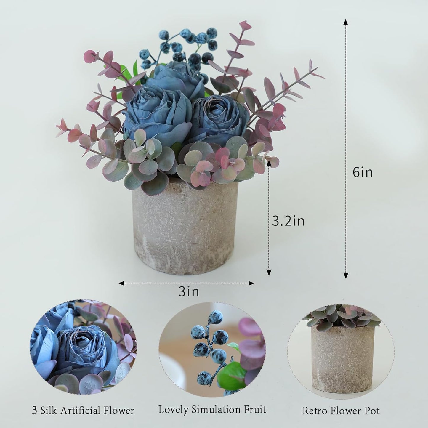 Small Artificial Rose Potted Plant / Burnt Blue