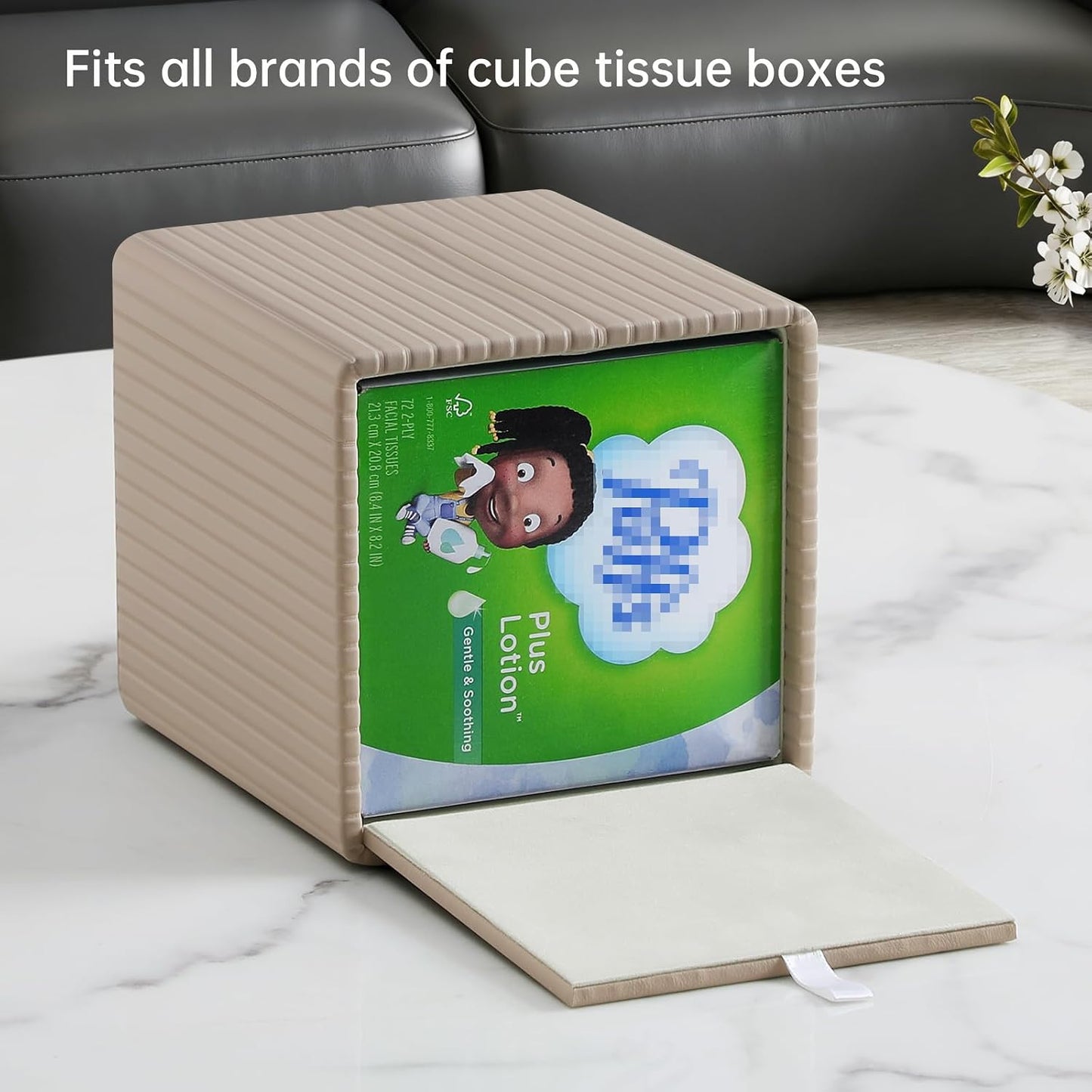 PU Leather Tissue Box Cover Square Tissue Box Holder / Beige Fluted