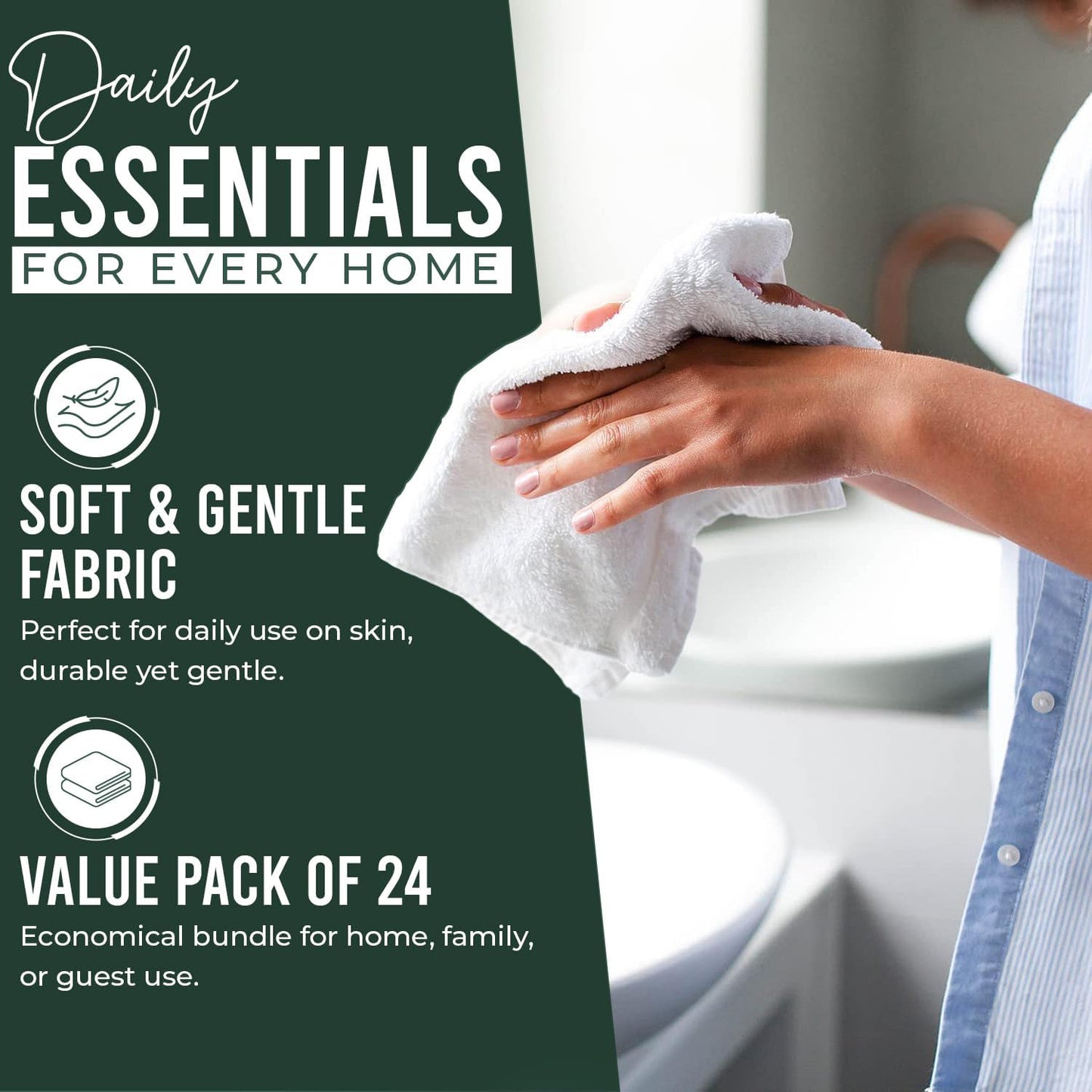 DAN RIVER 24 Pack Cotton Wash Cloths Set for Showering [12x12] Huntergreen | Lighter Weight, Quick to Dry, Super Soft &