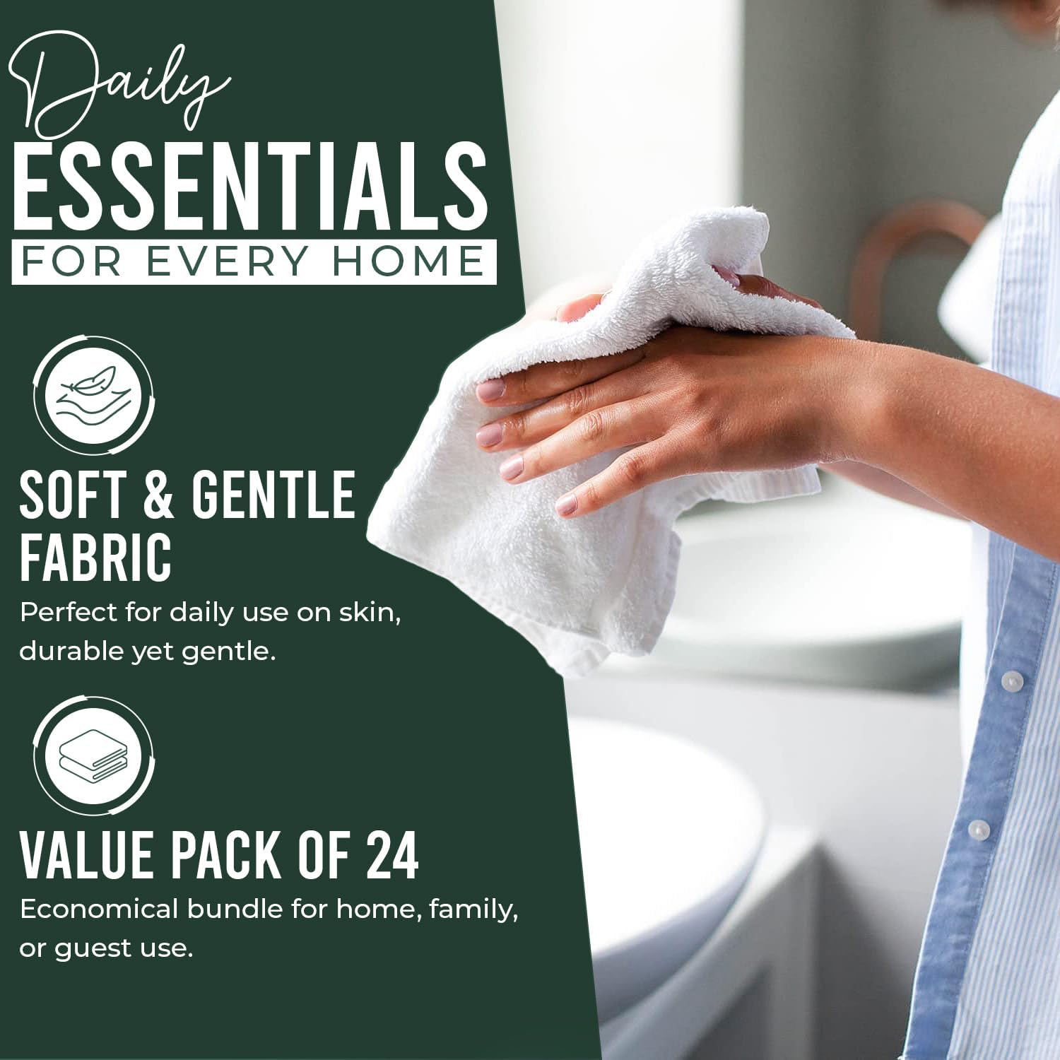 DAN RIVER 24 Pack Cotton Wash Cloths Set for Showering [12x12] Huntergreen | Lighter Weight, Quick to Dry, Super Soft &
