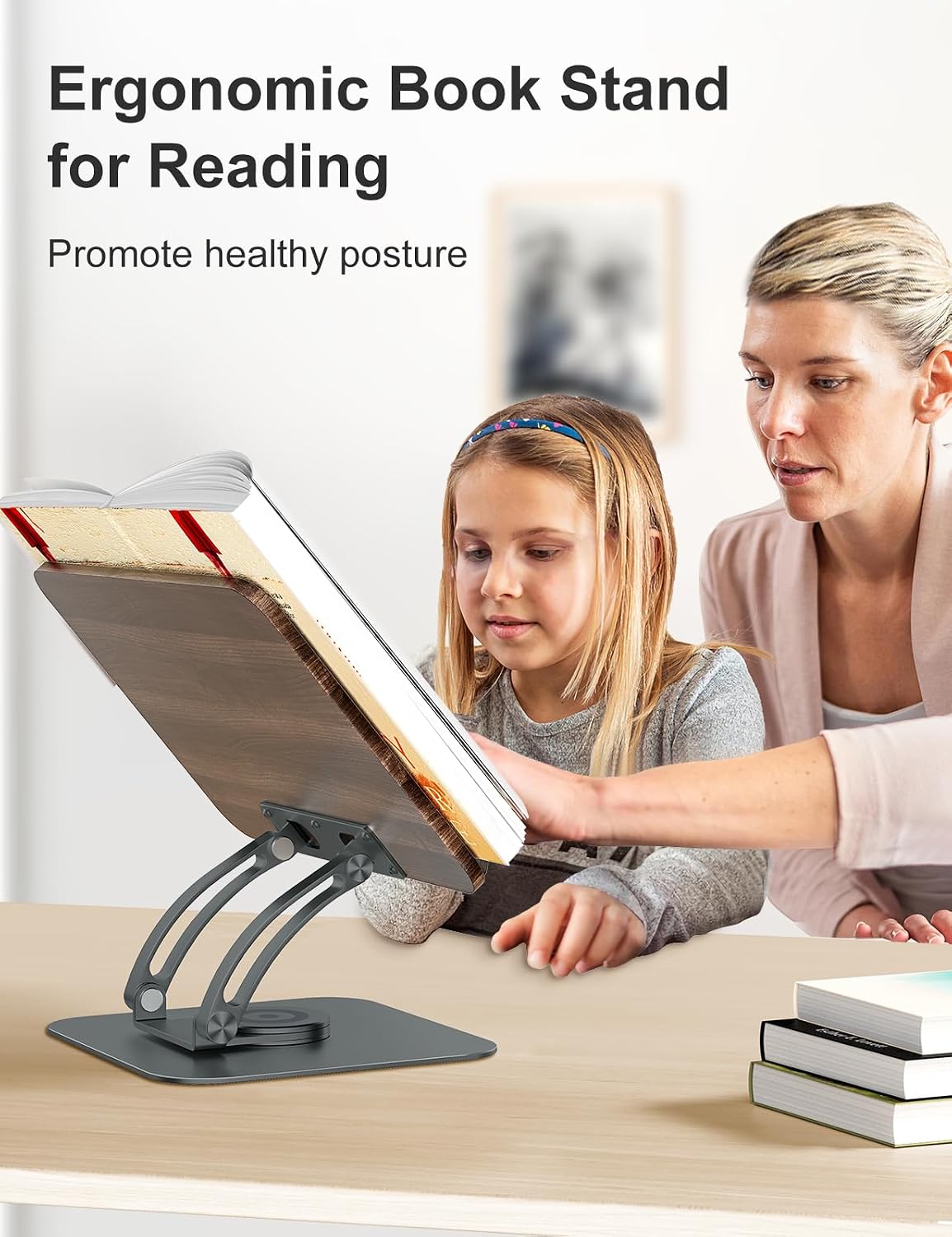 Tounee Book Stand for Reading, Adjustable Book Holder with 360° Swivel Base, Foldable Cookbook Stand Recipe Book Holder