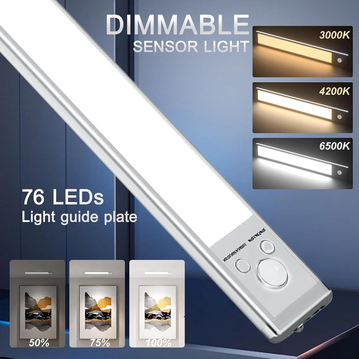 4 Pack Under Cabinet Lighting, 10in Rechargeable Motion Sensor Light Indoor | 3 Color Temperatures, 76 LEDs, Wireless