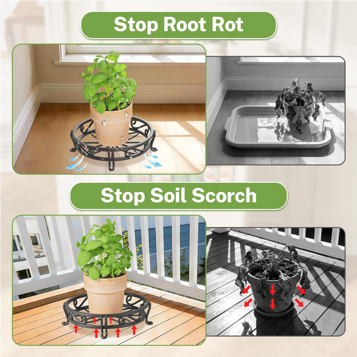 iDavosic.ly 2-Pack Metal Plant Stands for Outdoor Indoor, 11 In Wide, Black | Iron Heavy Duty Short Flower Pot Holder