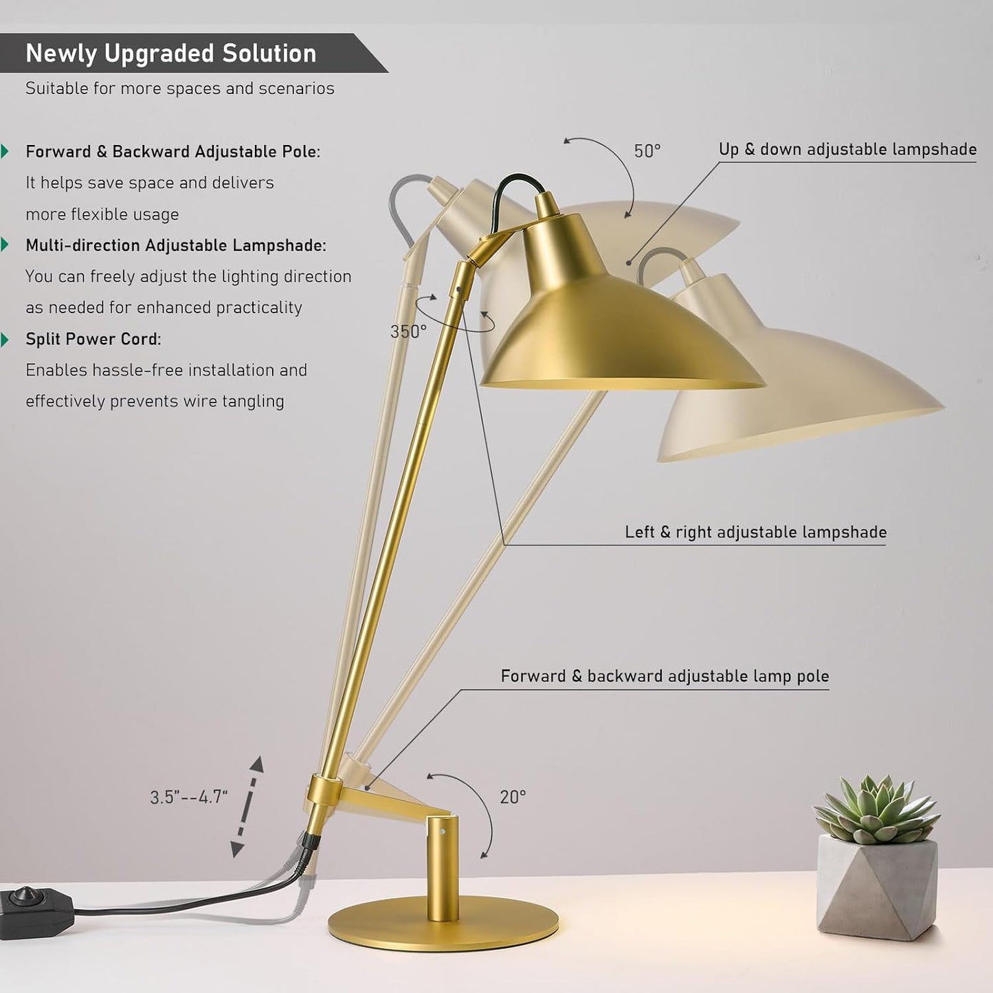 Desk Lamp Modern Industrial 100% Metal Adjustable Table Lamp 24", Natural Light (4000K) with Dimmer, Ideal for Office
