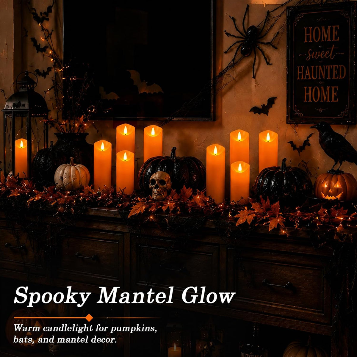 Homemory Orange Halloween Flameless Candles, Remote Timer, 9 Pack | Battery operated LED pillar candles, remote timer