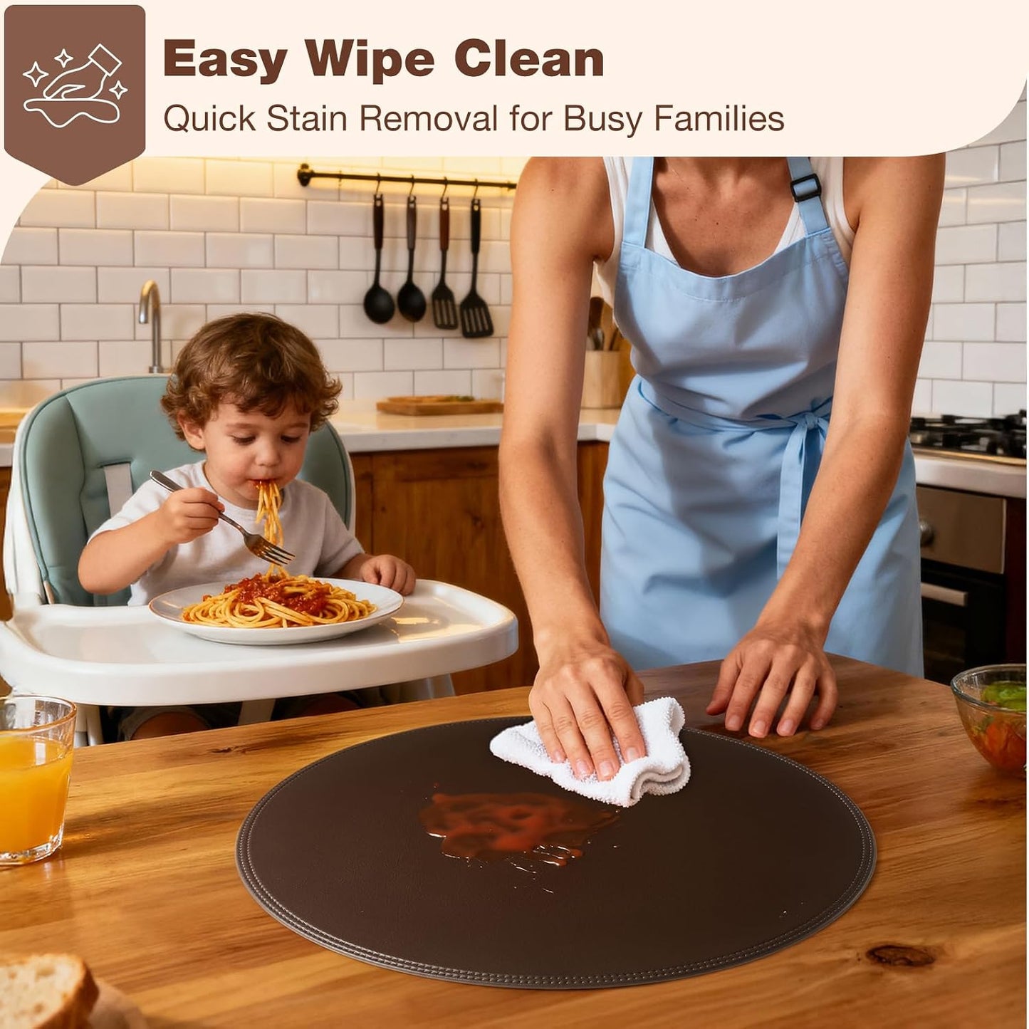 Round Vinyl Brown Placemats Set of 6, Faux Leather Waterproof Wipeable Heat Resistant Place Mats, Washable Table Mats