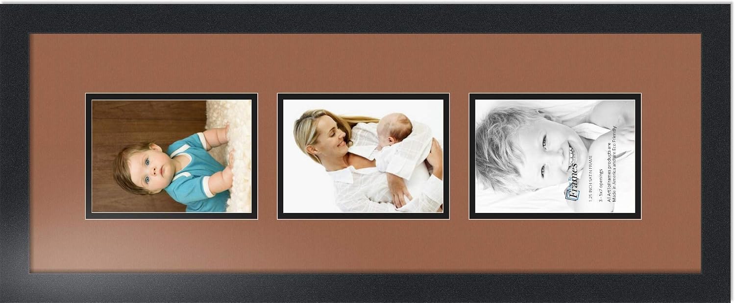 ArtToFrames Collage Photo Frame Double Mat with 3-5x7 Openings with Satin Black Frame and Paloma mat.