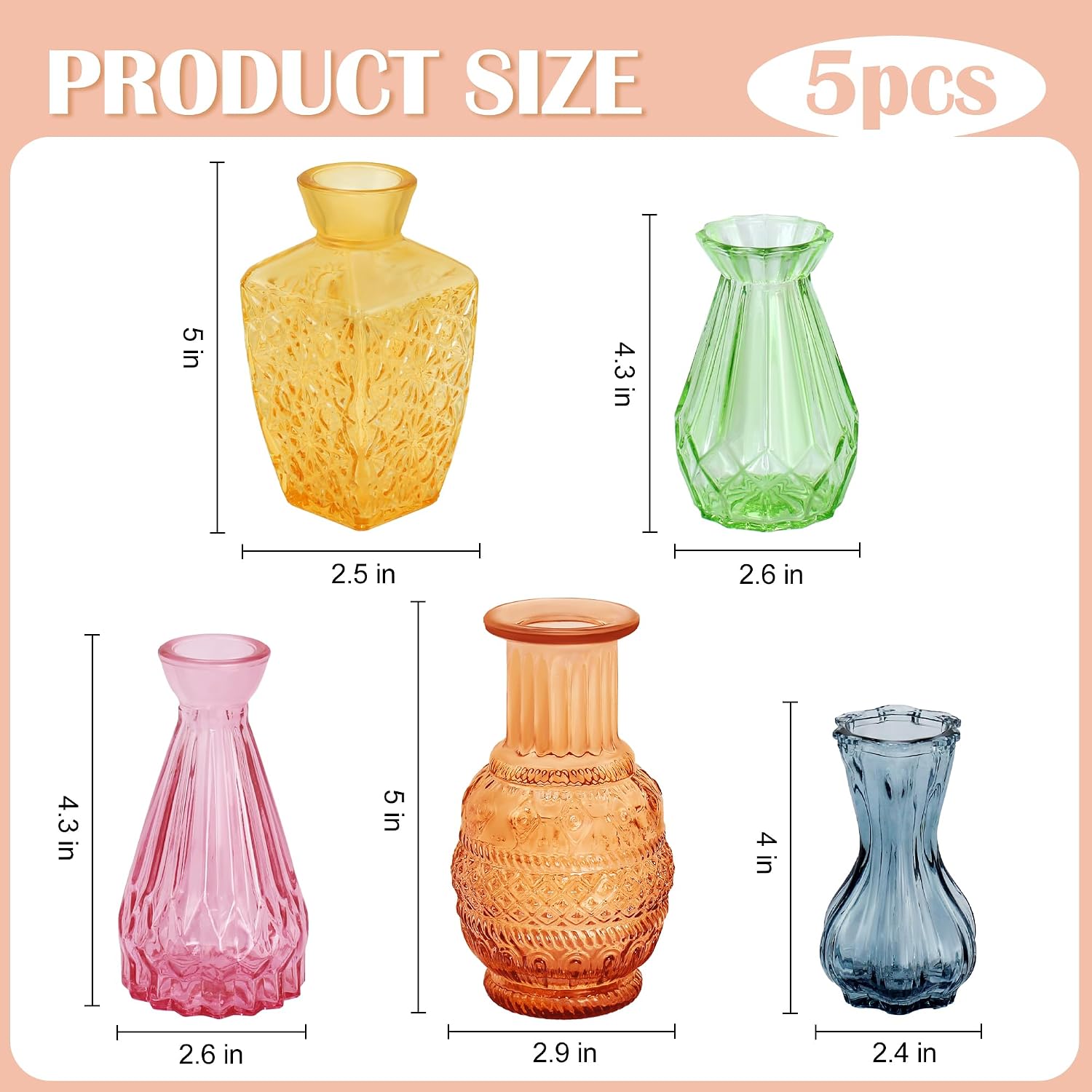 Glass Bud Vases in Bulk / Colorful / Set of 5