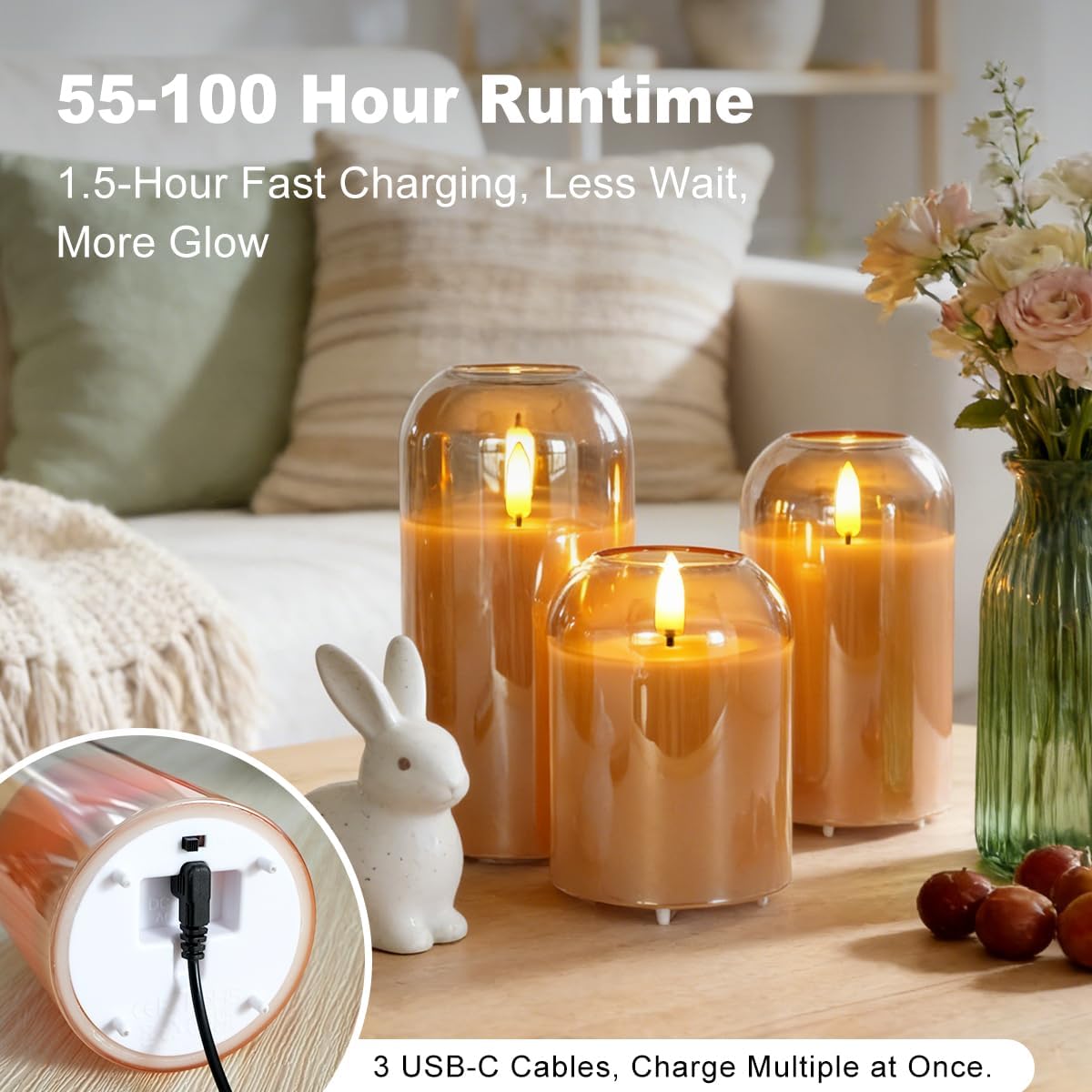 Rechargeable Glass Jar Flameless Candles, Realistic Flickering LED Pillar Real Wax Candle with Remote and Timer,LED