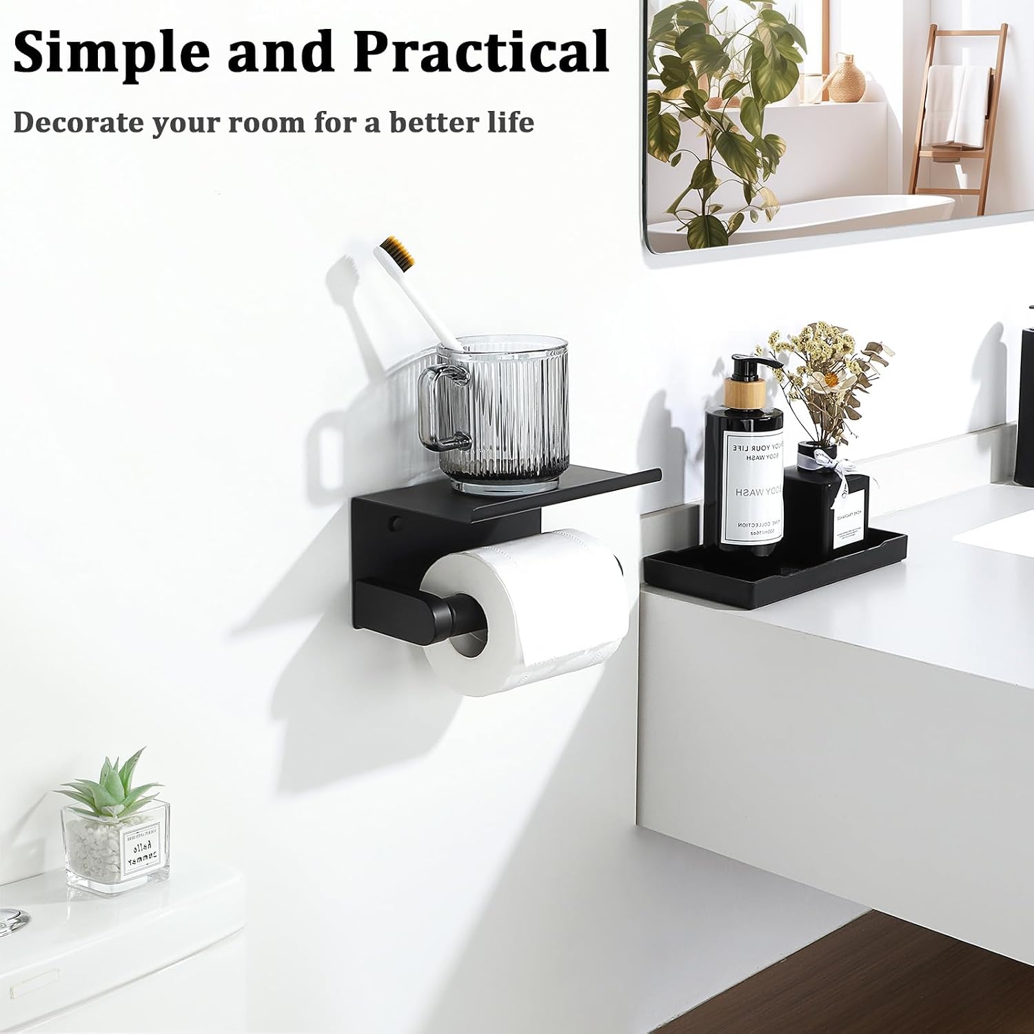 Alise Black Toilet Paper Holder with Shelf Wall Mount Adhesive or Drilling | SUS304 Stainless Steel Toilet Paper Roll
