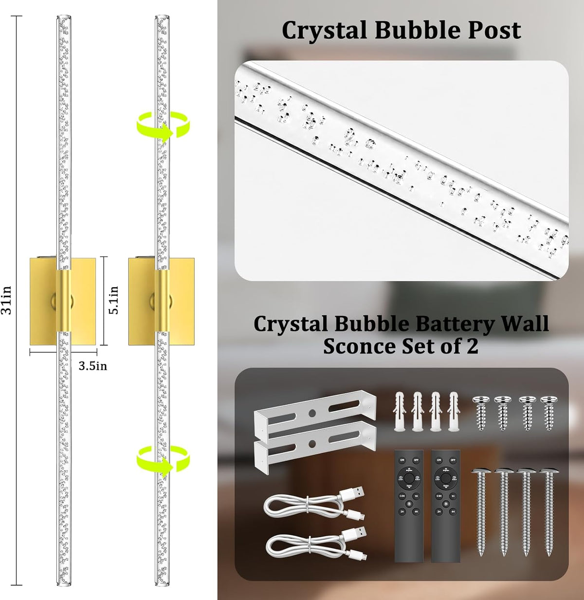 Battery Operated Wall Sconces Set of 2, 10000mAh, Gold Bubble | crystal inspired bubble wall lamp wireless, Remote