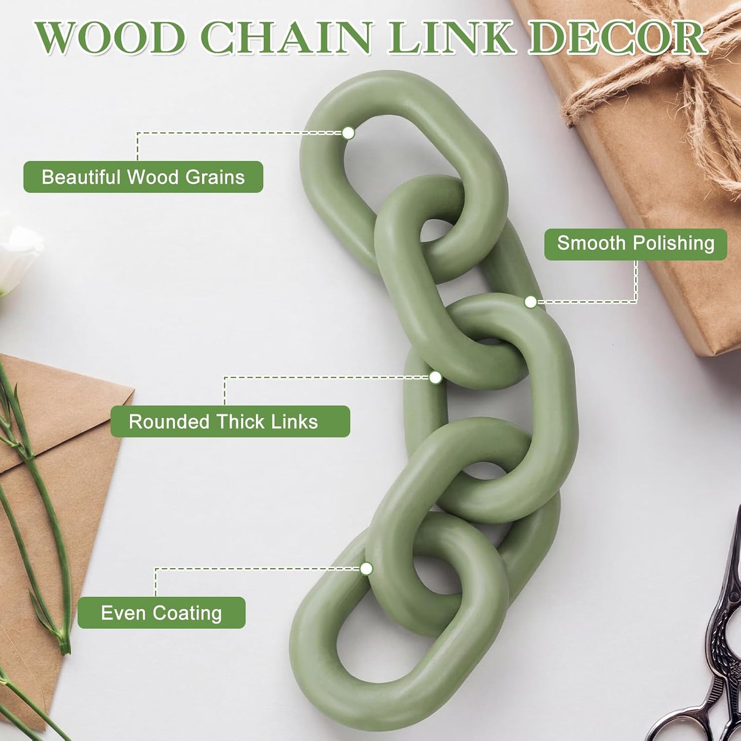 Decorative Wood Chain Link Decor Rustic 5 Link Wooden Chain Ornament Farmhouse / Green / 13.78 Inch