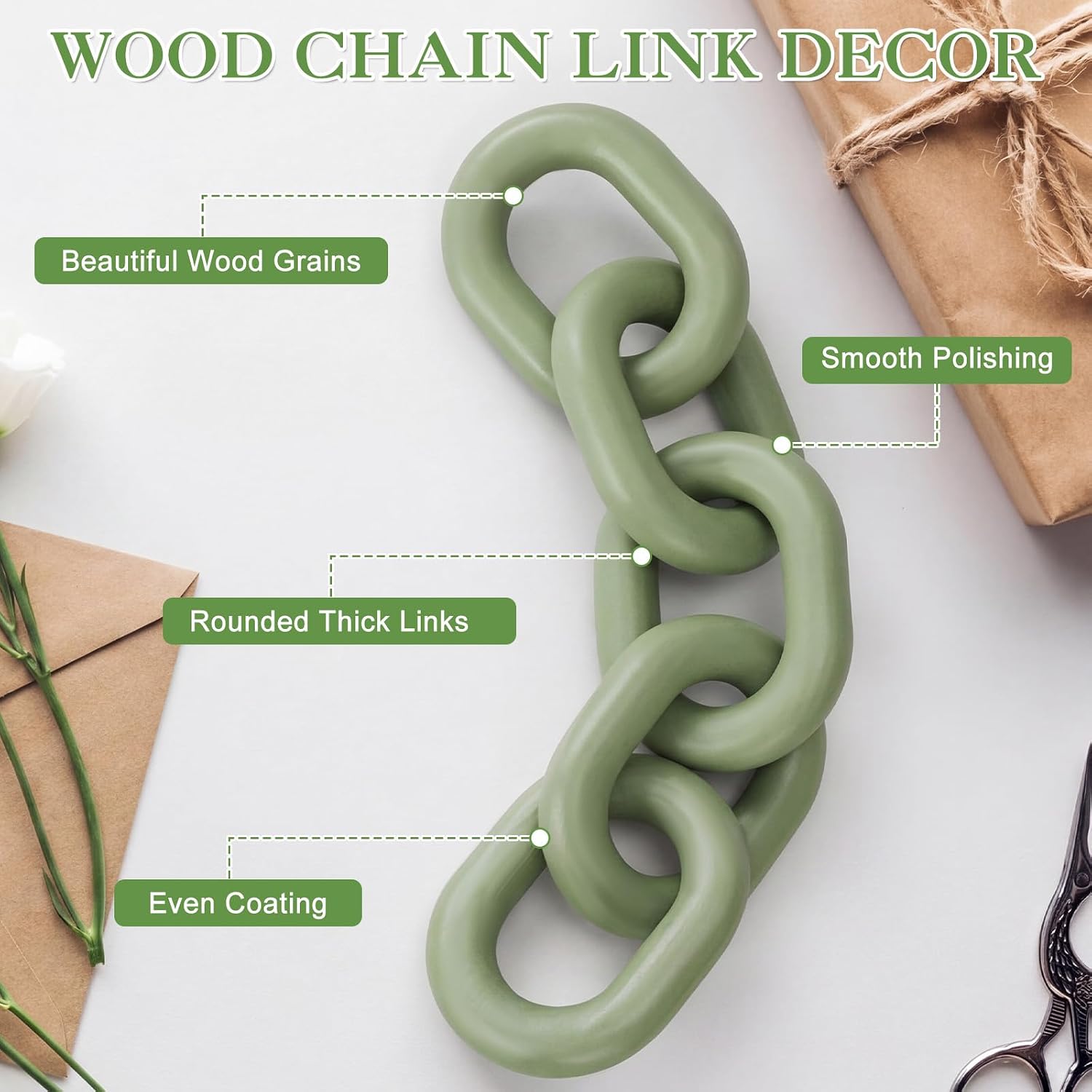 Decorative Wood Chain Link Decor Rustic 5 Link Wooden Chain Ornament Farmhouse / Green / 13.78 Inch