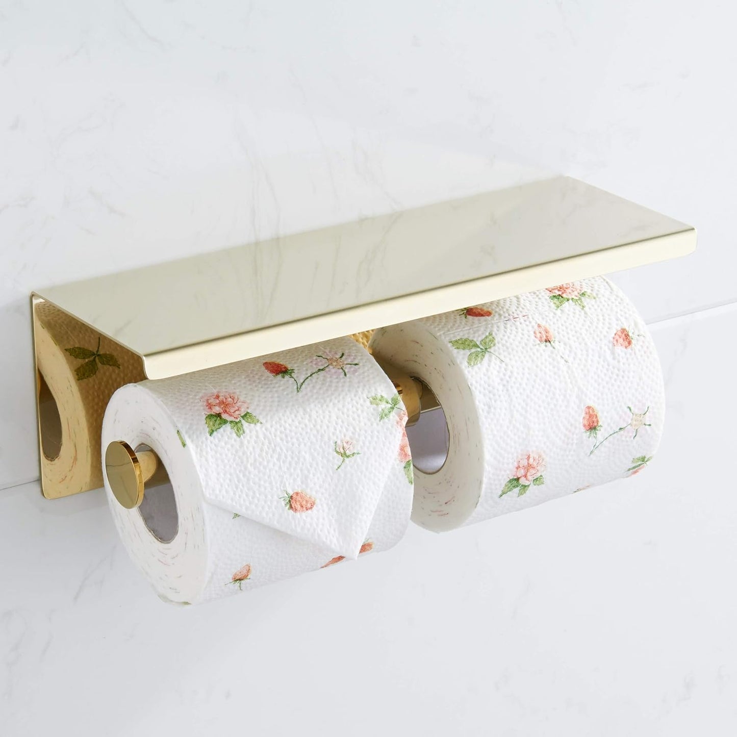 BGL Double Toilet Paper Holder Stainless Steel 304 Wall Mounted Two Heads Roll Tissue Holder with Shelf (Gold)