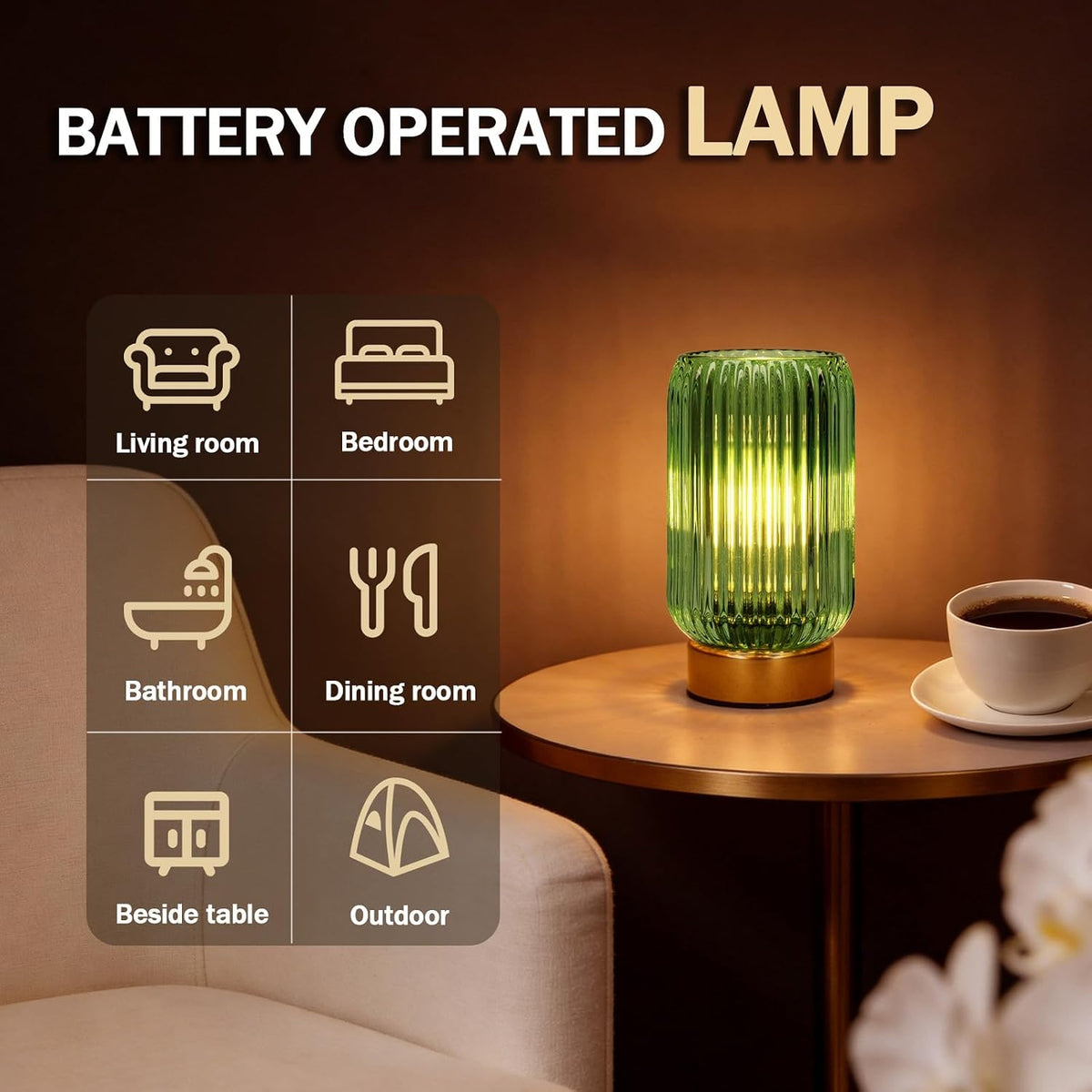 MJ PREMIER Battery Operated Lamp, Small Cordless Lamp with Timer, Green | Vertical Stripes Glass Lampshade, Small Table