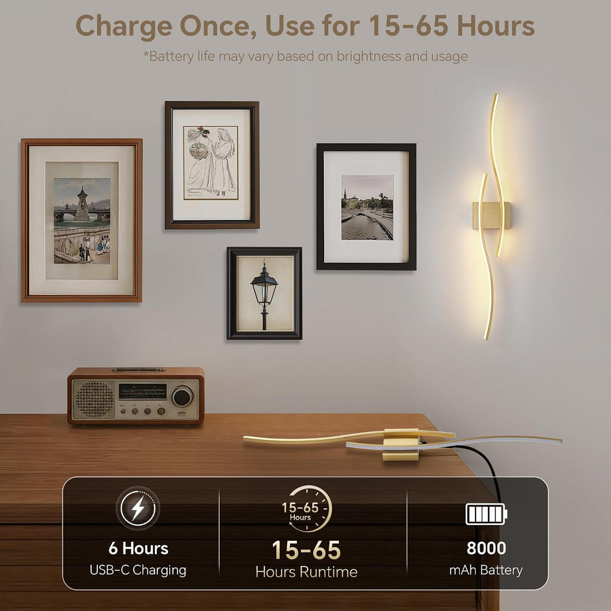 Wireless Wall Sconces Set of Two, Dimmable, 3CCT, Up to 65H Runtime | 3 Color Temps, Stepless Dimming, Timer, Modern