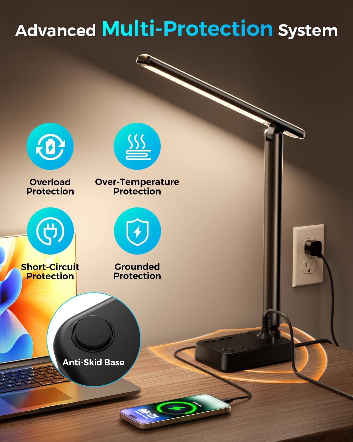 LED Desk Lamp with Power Strip, 3 AC Outlets, 4 USB Ports, Stepless Dimming | 2800K-6500K Color, 2 USB-C, Foldable
